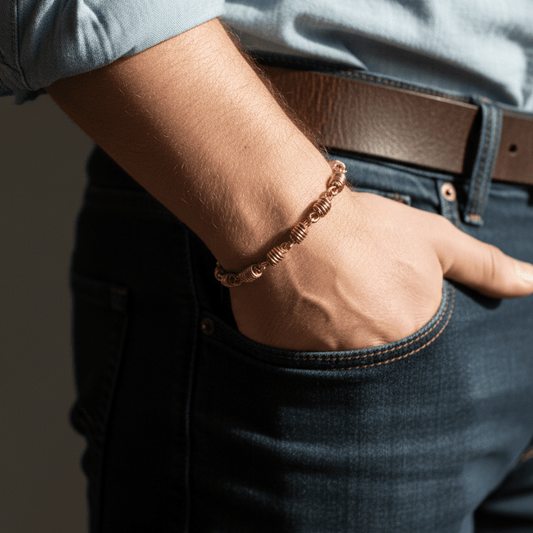 handmade honey dipper chain link copper bracelet on man's wrist