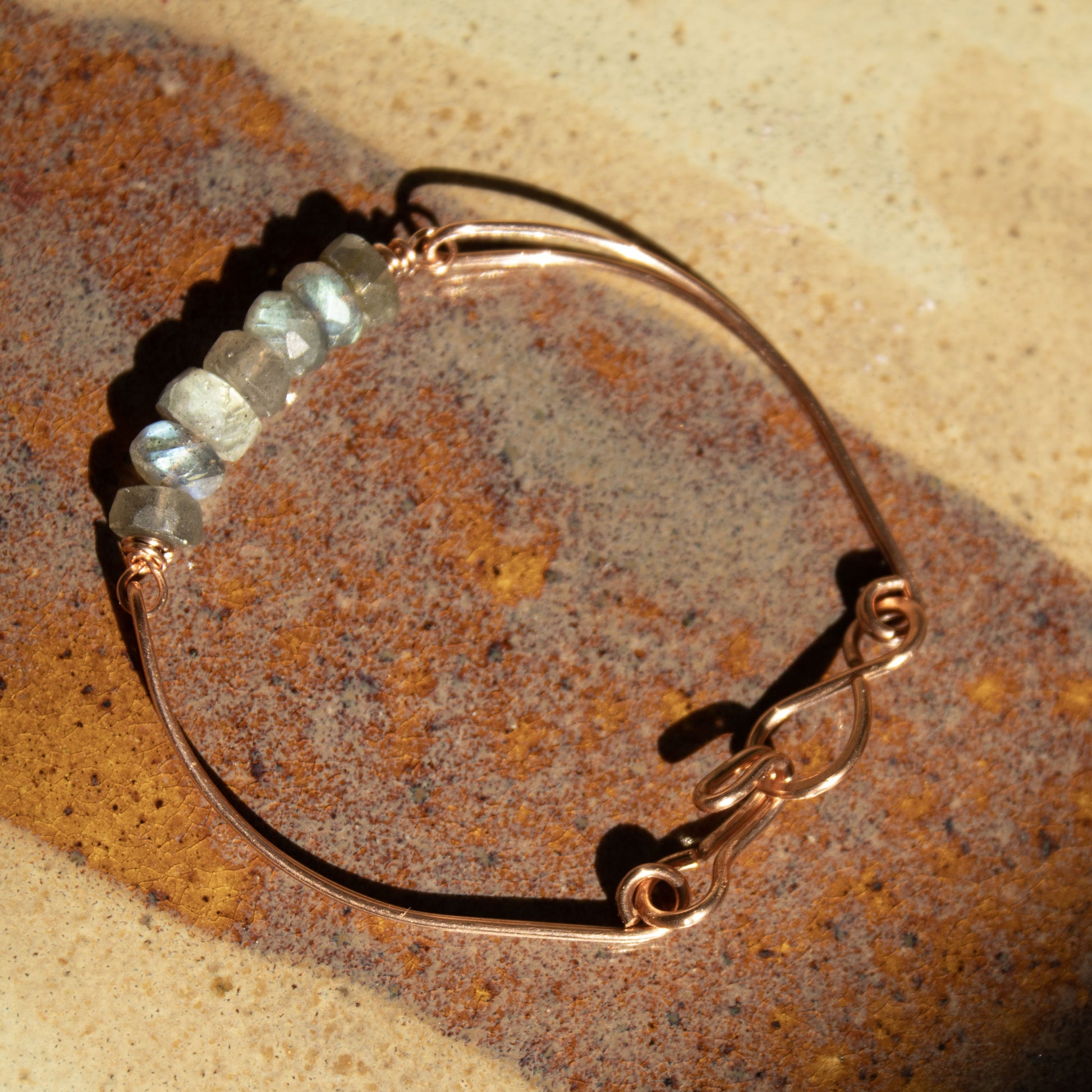 copper bangle with labradorite rondelle beads handmade in usa carrie foscato design