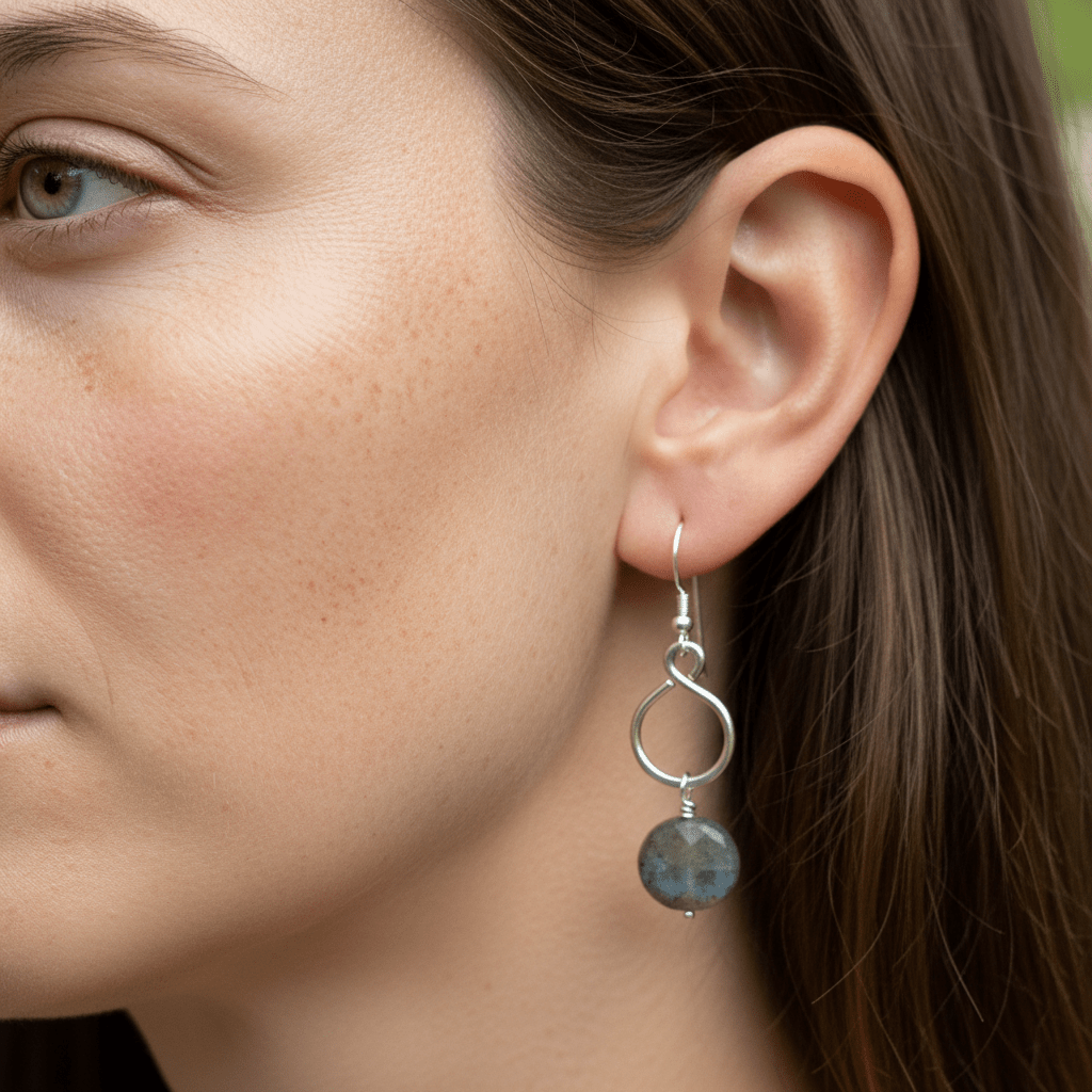 Close-up of a woman wearing a silver earring with a blue gemstone.
