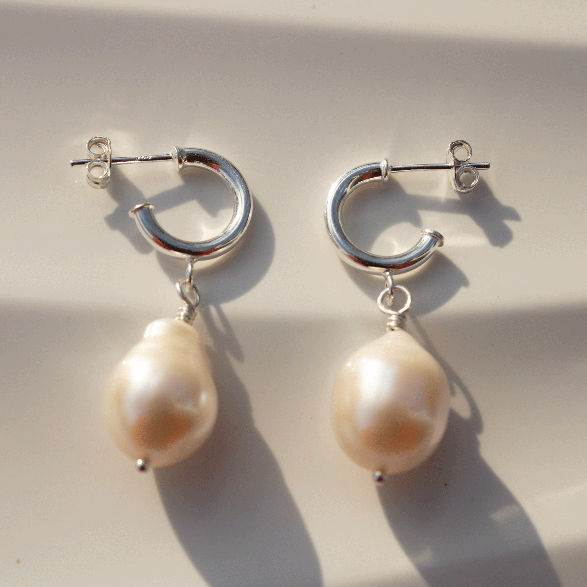 Large Pearl Drop Stud Hoop Sterling Silver Earrings