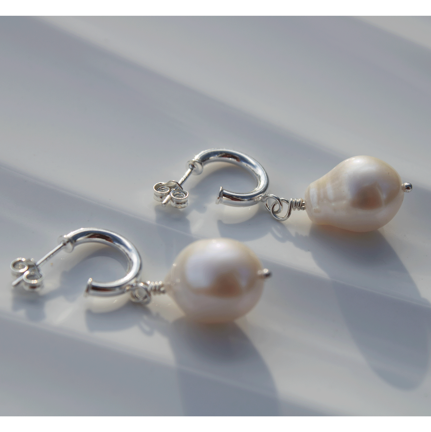 Large Pearl Drop Stud Hoop Sterling Silver Earrings