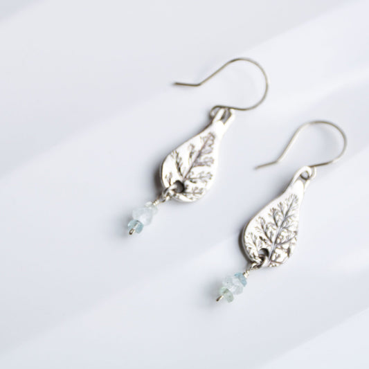 Last Harvest • Silver Yarrow & Aquamarine Nugget Earrings - Carrie Foscato Design artisanal botanical jewelry