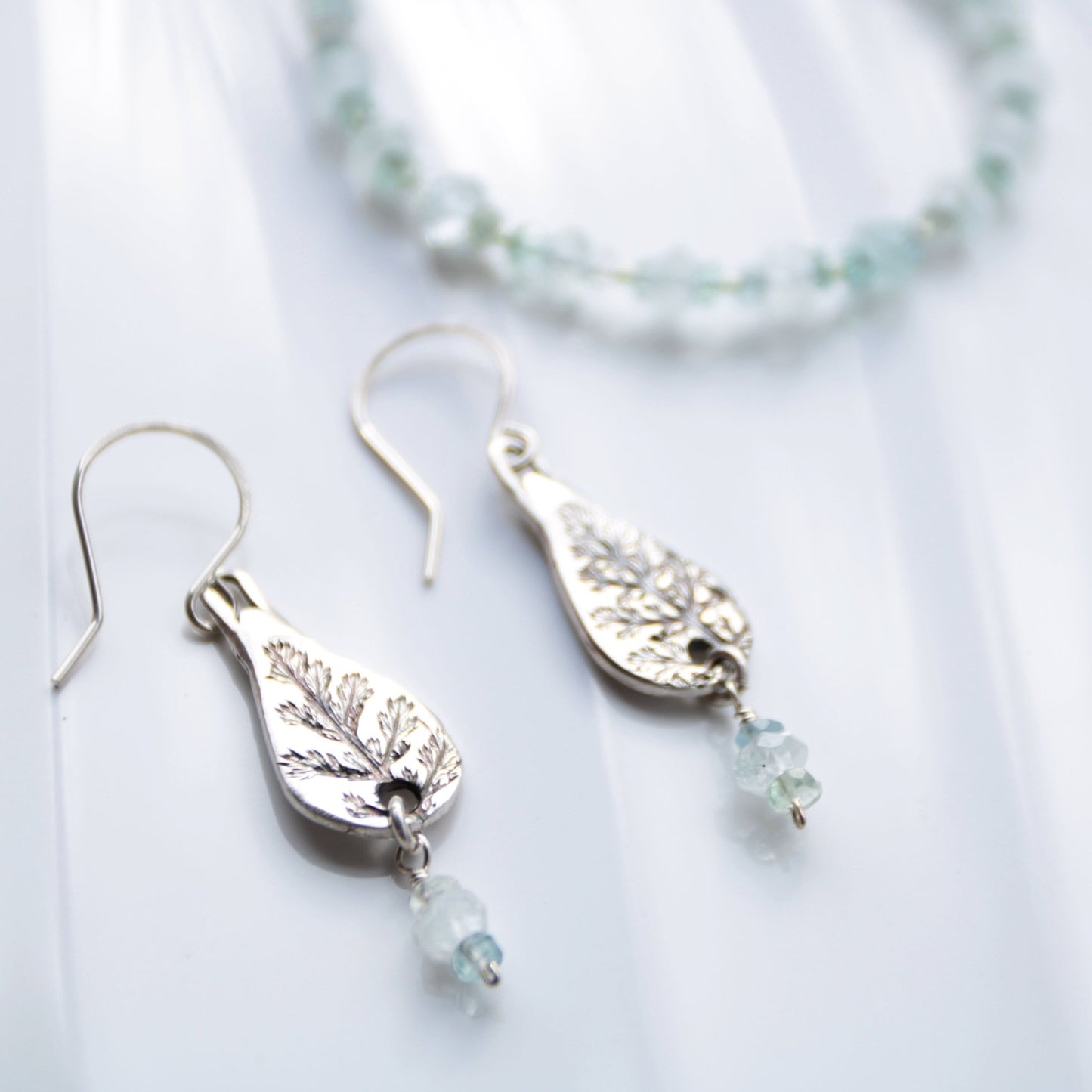Last Harvest • Silver Yarrow & Aquamarine Nugget Earrings - Carrie Foscato Design artisanal botanical jewelry