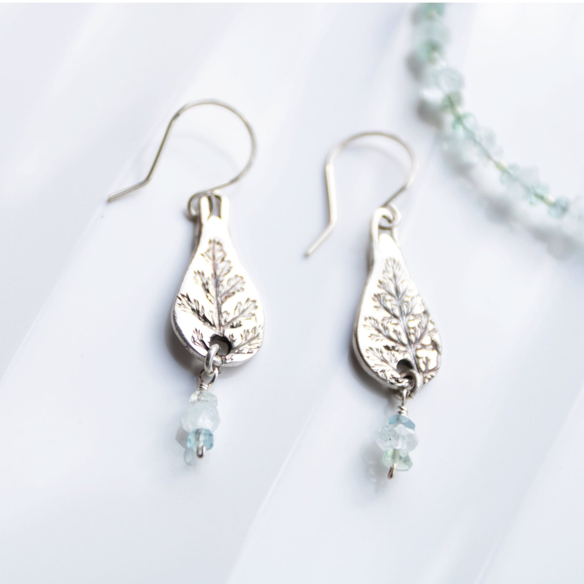 Last Harvest • Silver Yarrow & Aquamarine Nugget Earrings - Carrie Foscato Design artisanal botanical jewelry