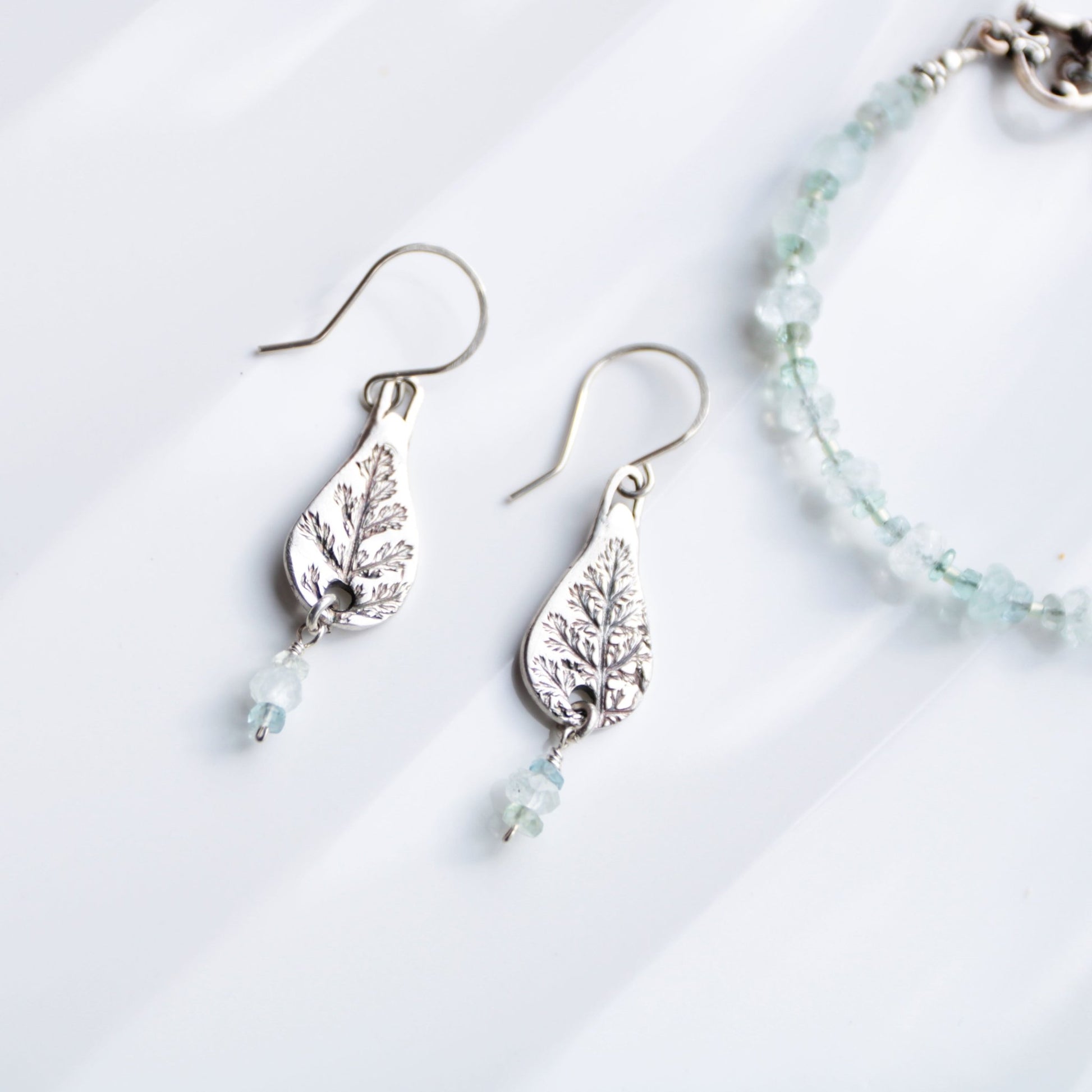 Last Harvest • Silver Yarrow & Aquamarine Nugget Earrings - Carrie Foscato Design artisanal botanical jewelry