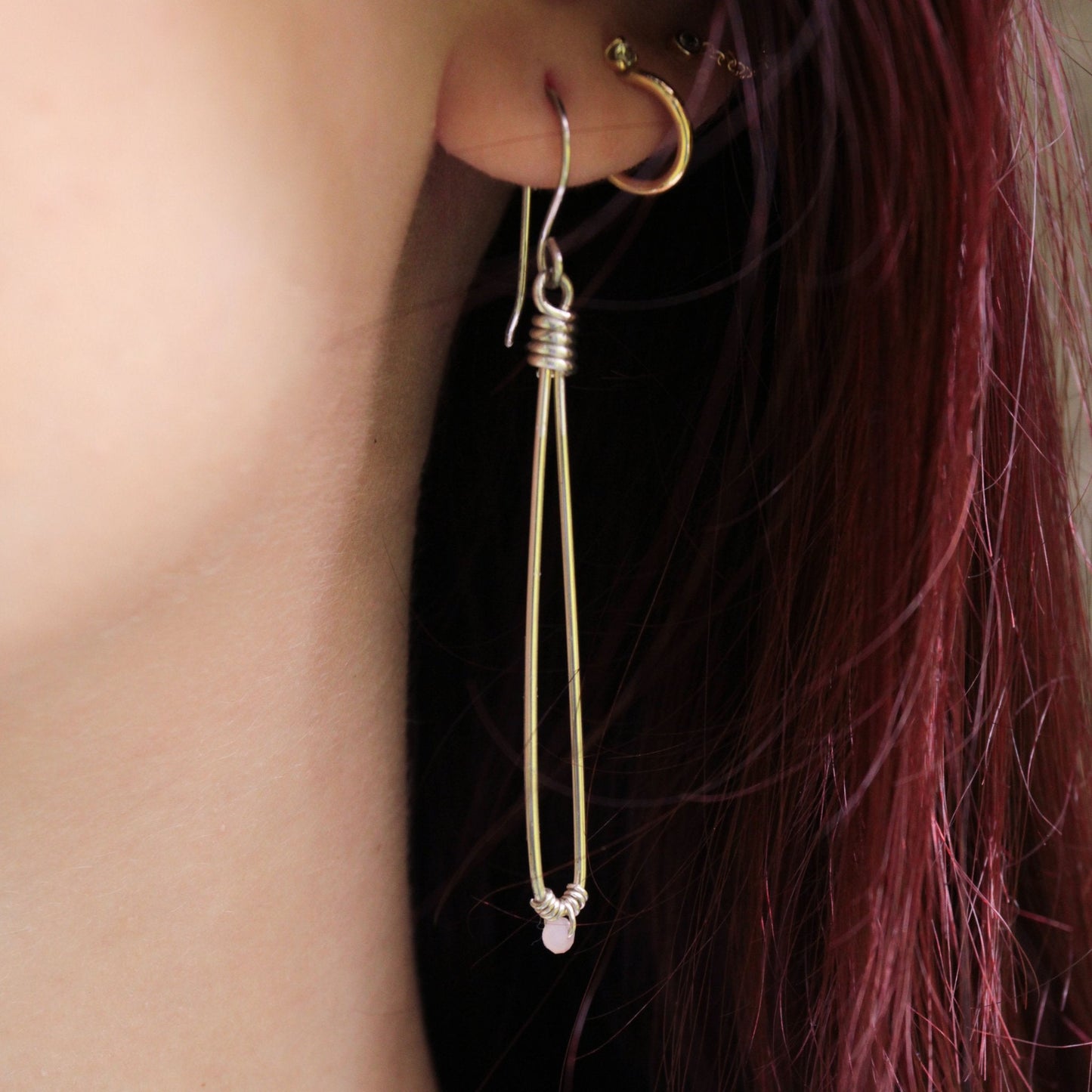 Sleek sterling silver long drop handmade earrings with rose quartz crystal beads carrie foscato design