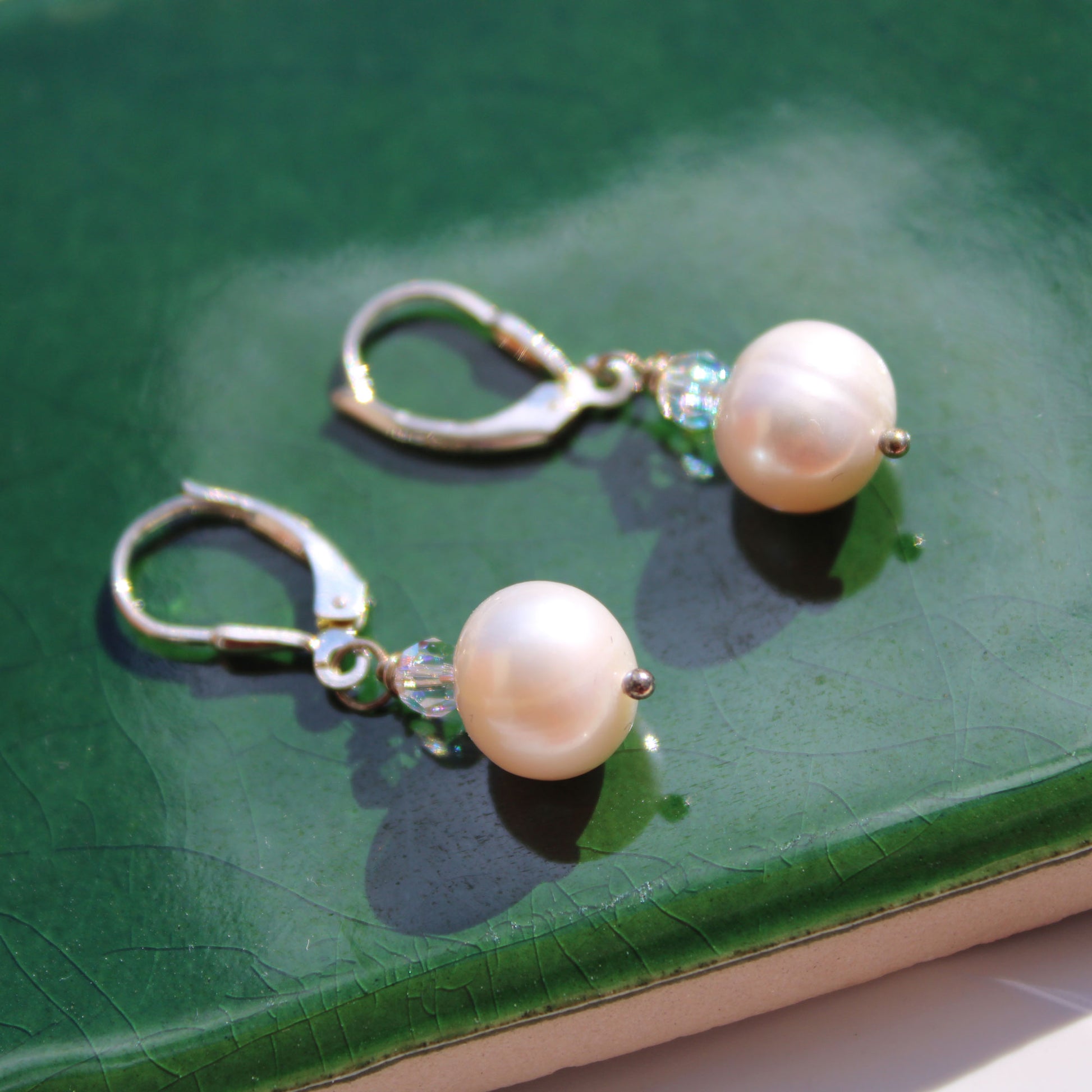 Pearl drop and crystal leverback earrings sterling silver carrie foscato design