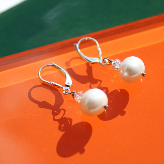 Pearl drop and crystal leverback earrings sterling silver carrie foscato design