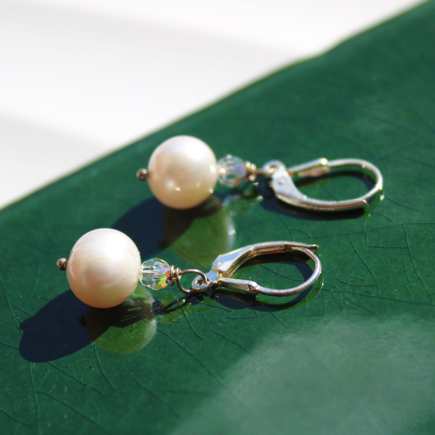 Pearl drop and crystal leverback earrings sterling silver carrie foscato design
