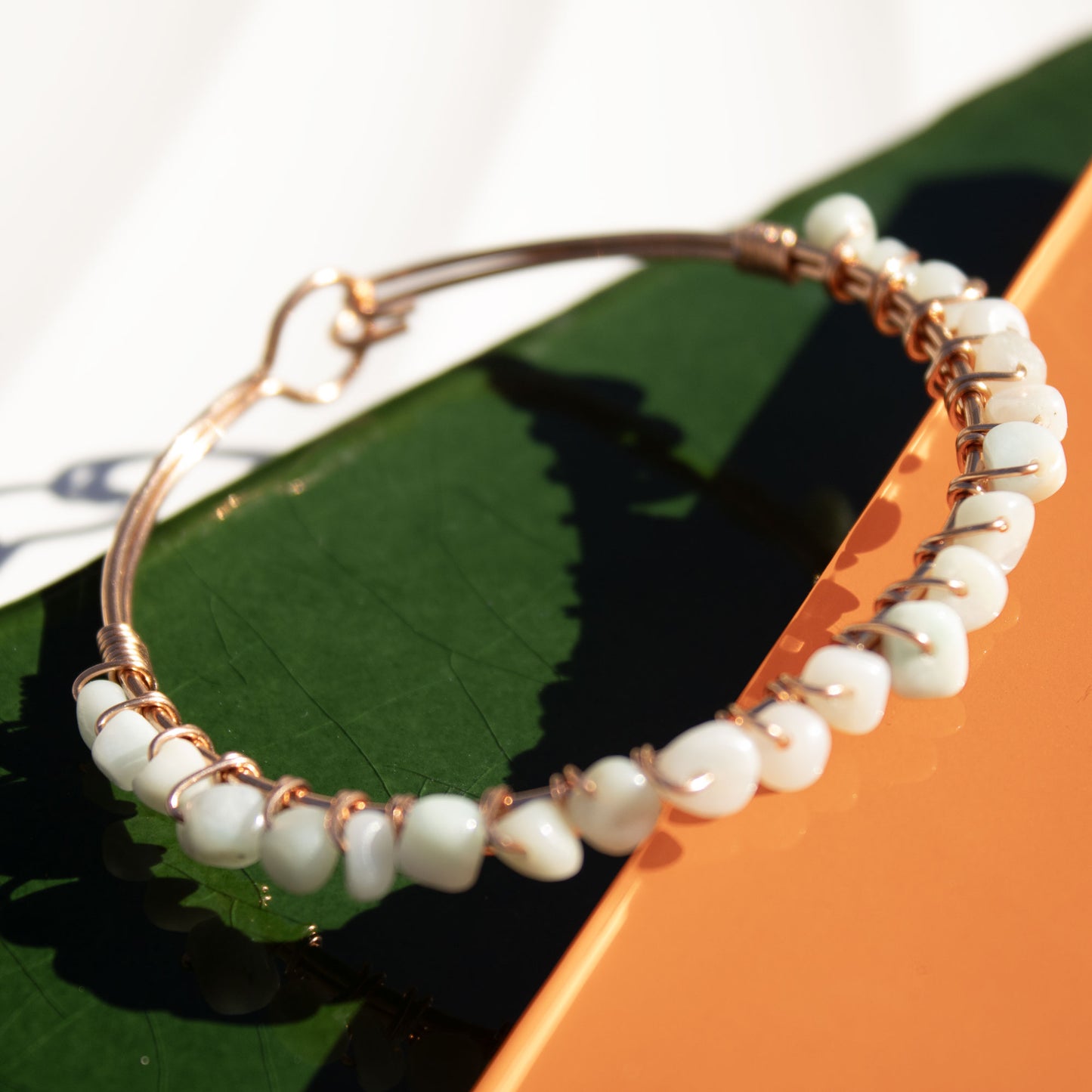 copper bangle bracelet with amazonite pebble beads handmade in USA carrie foscato design