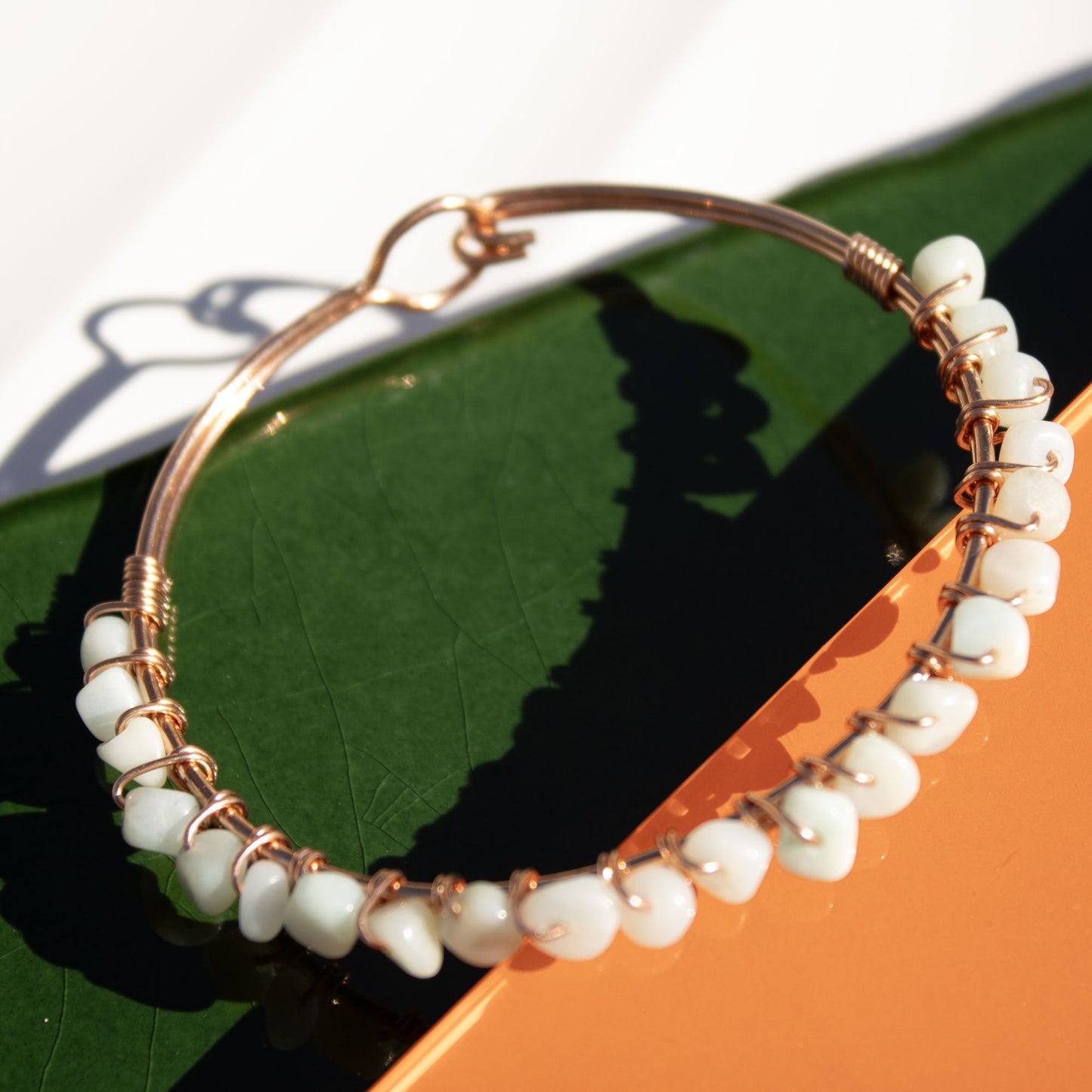 copper bangle bracelet with amazonite pebble beads handmade in USA carrie foscato design