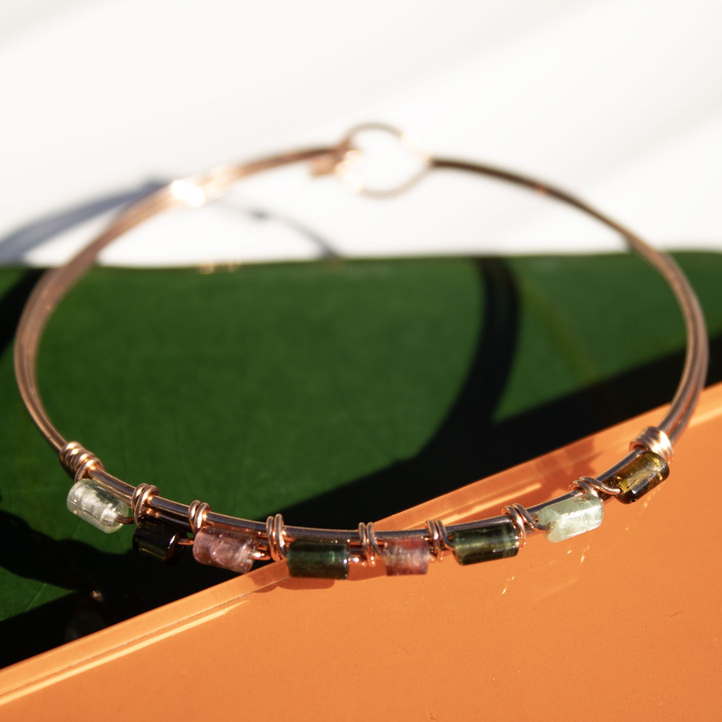 copper bangle bracelet with tourmaline tube beads handmade in USA carrie foscato design