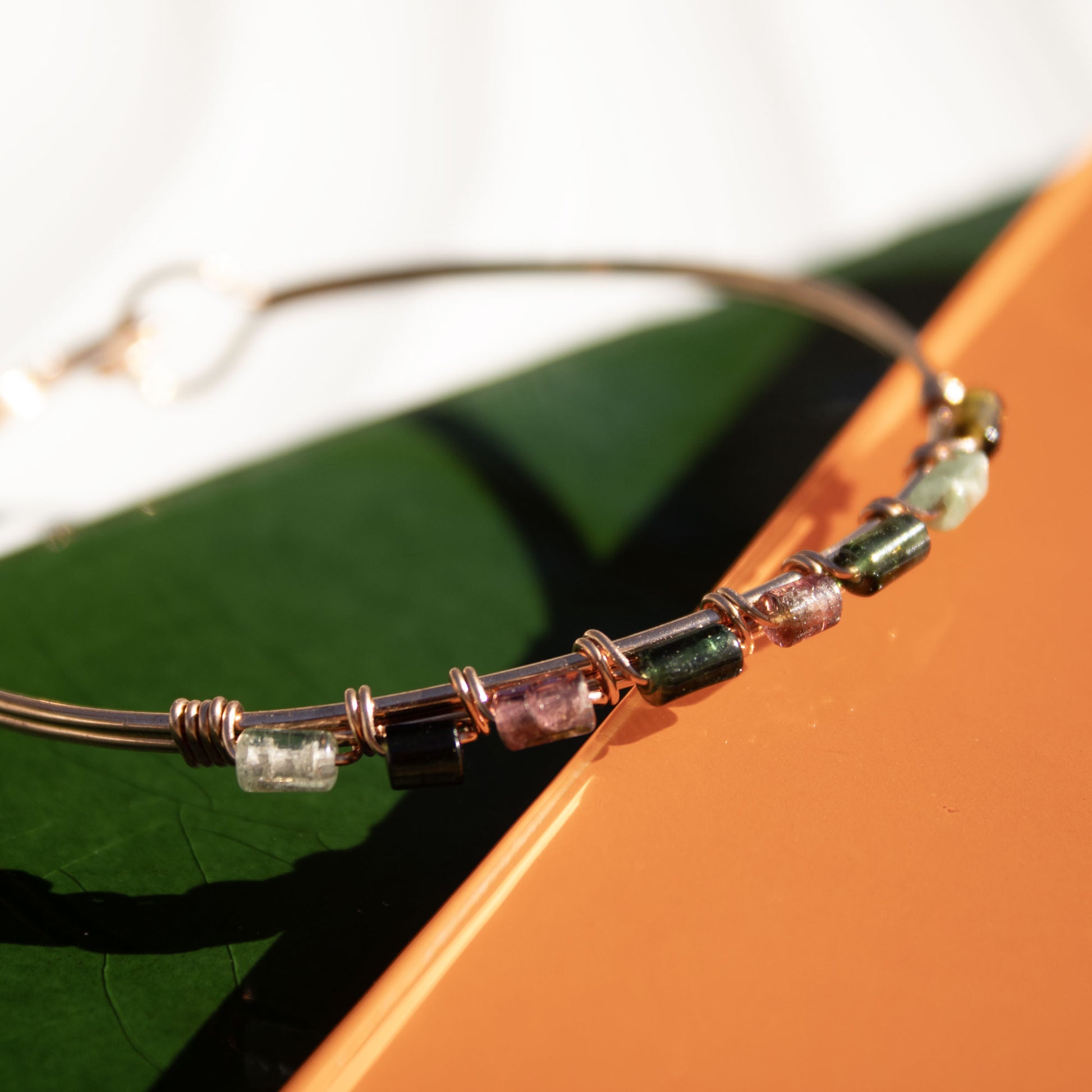 copper bangle bracelet with tourmaline tube beads handmade in USA carrie foscato design