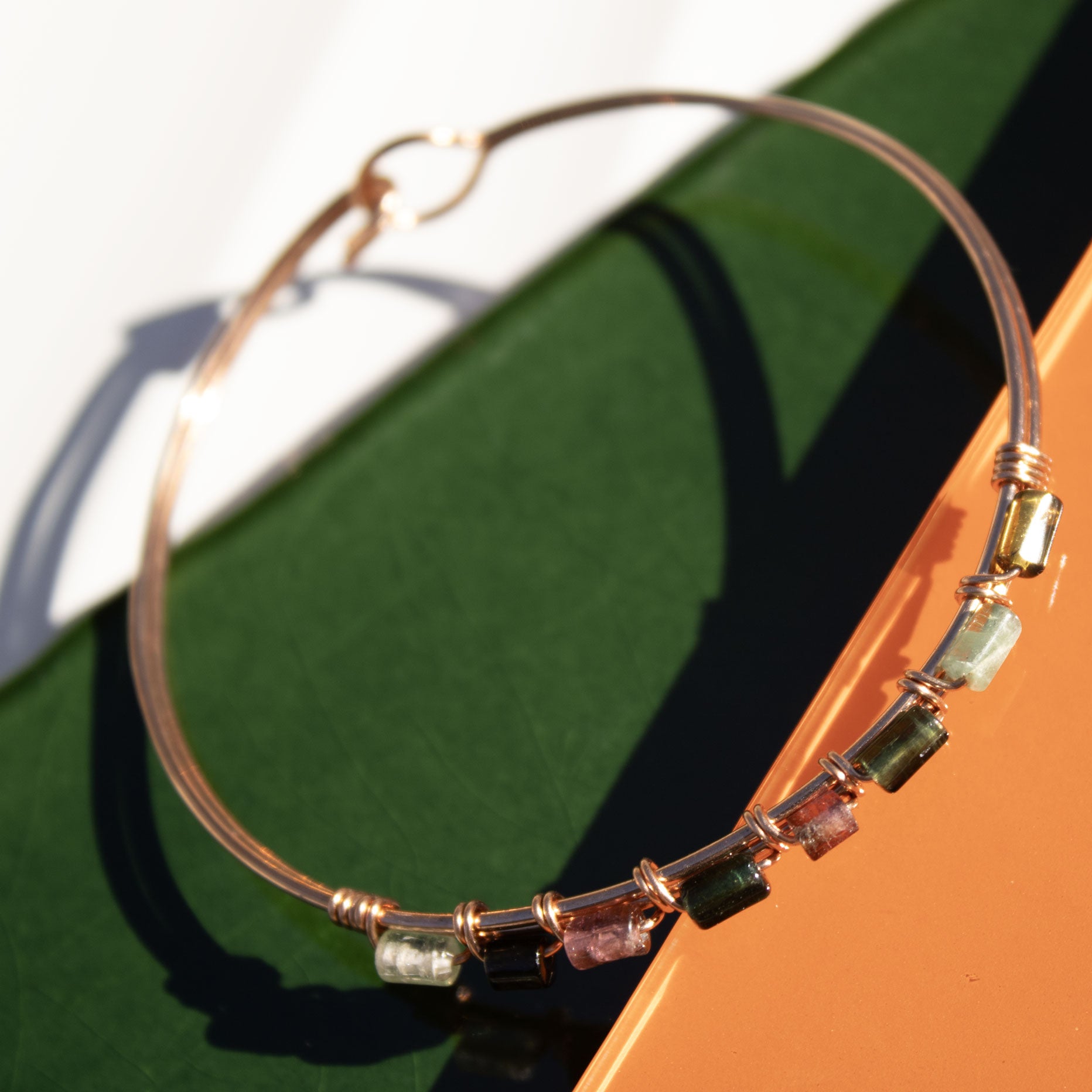 copper bangle bracelet with tourmaline tube beads handmade in USA carrie foscato design