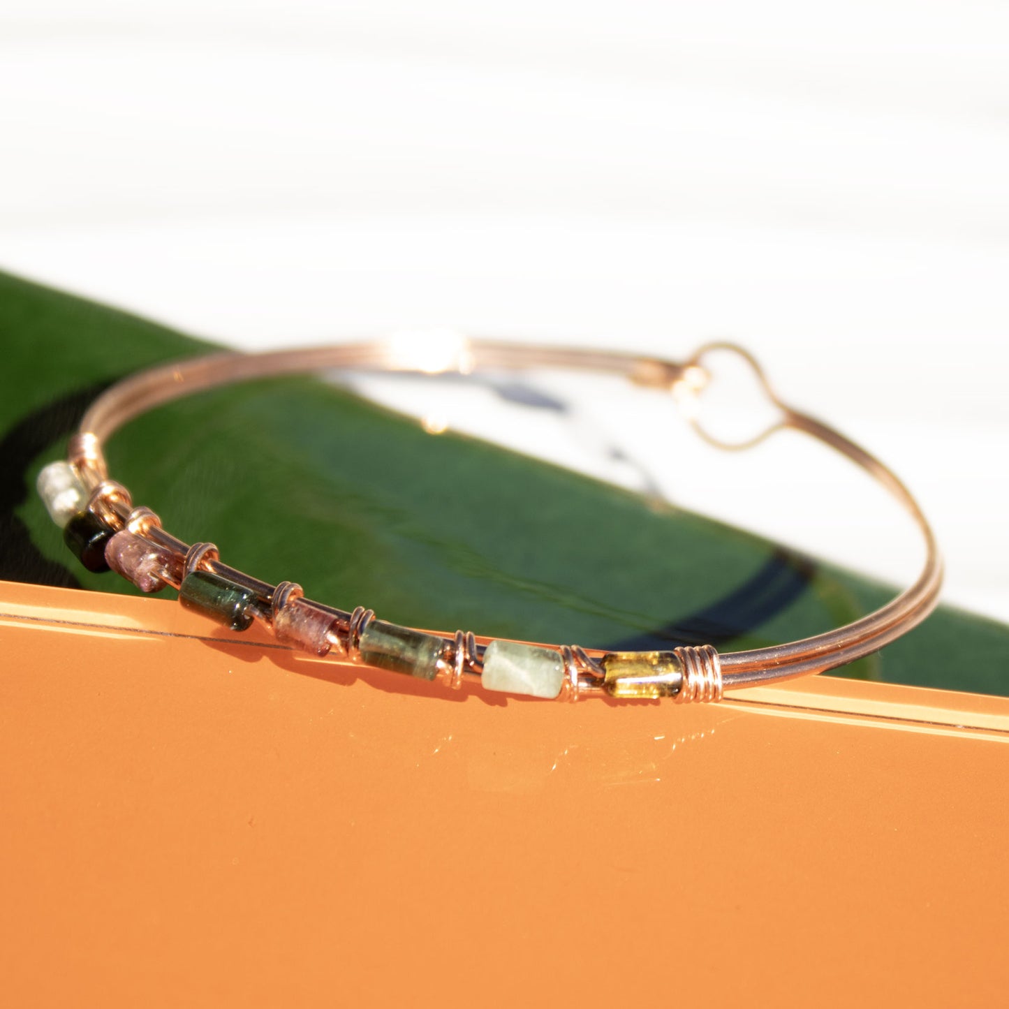 copper bangle bracelet with tourmaline tube beads handmade in USA carrie foscato design