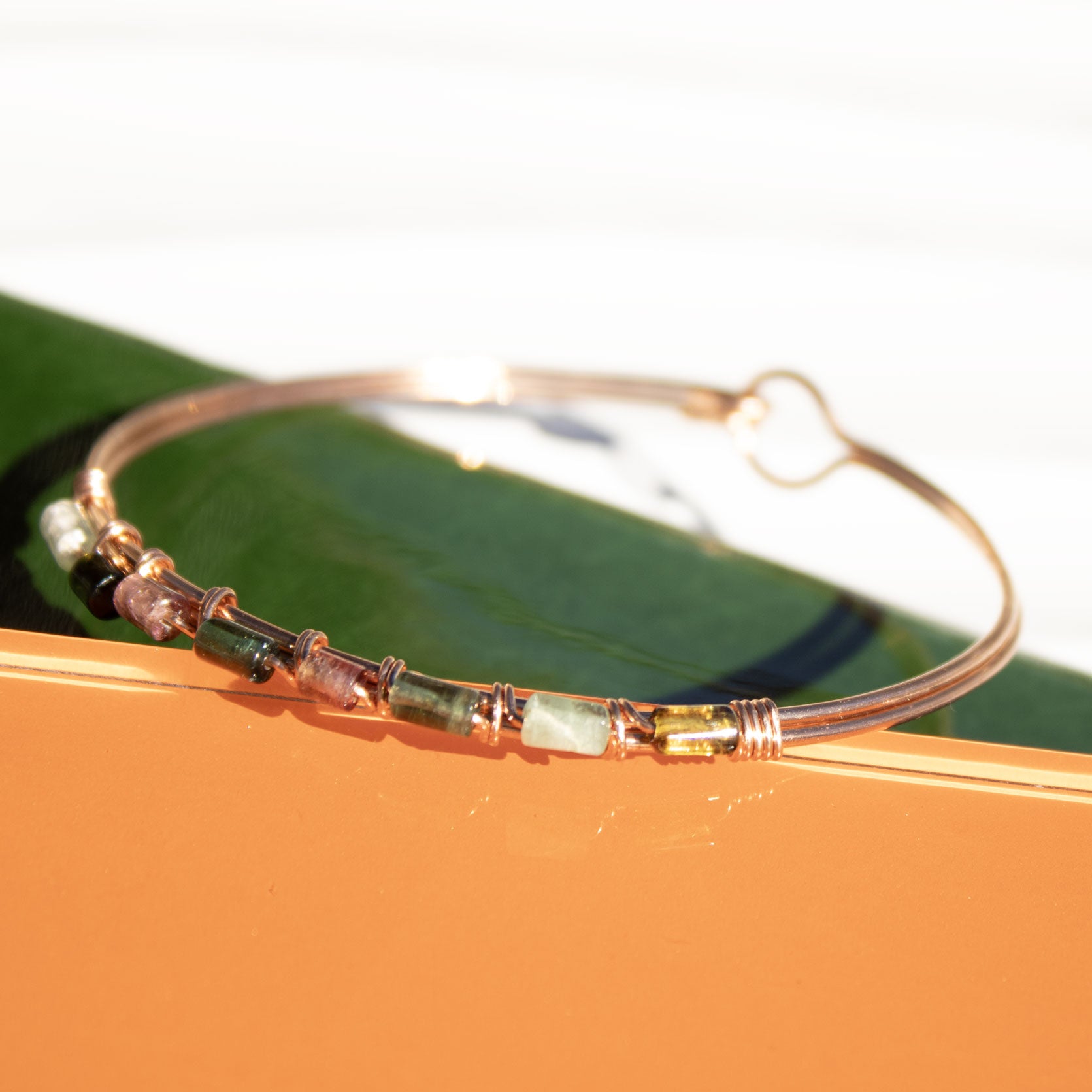 copper bangle bracelet with tourmaline tube beads handmade in USA carrie foscato design