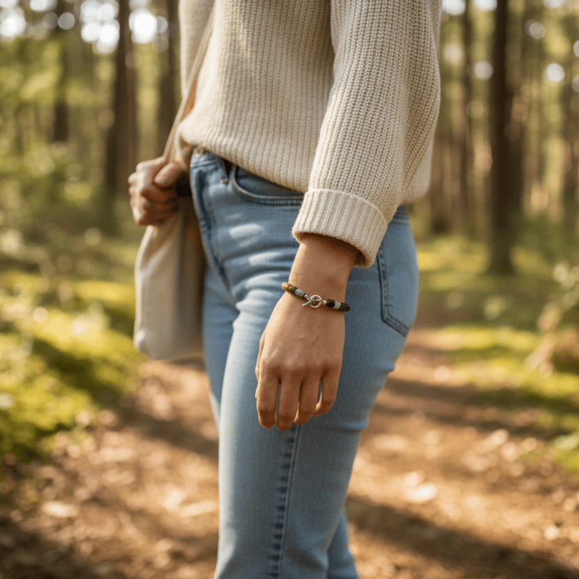 strand of multi-colored semi-precious gemstones bracelet connected by a sterling silver toggle. handmade by carrie foscato design