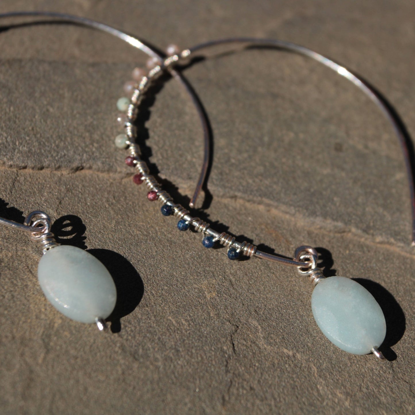 One-of-a-Kind Sterling Silver Hoop Earrings with Aquamarine, Lapis & Garnet – Handmade Wearable Art