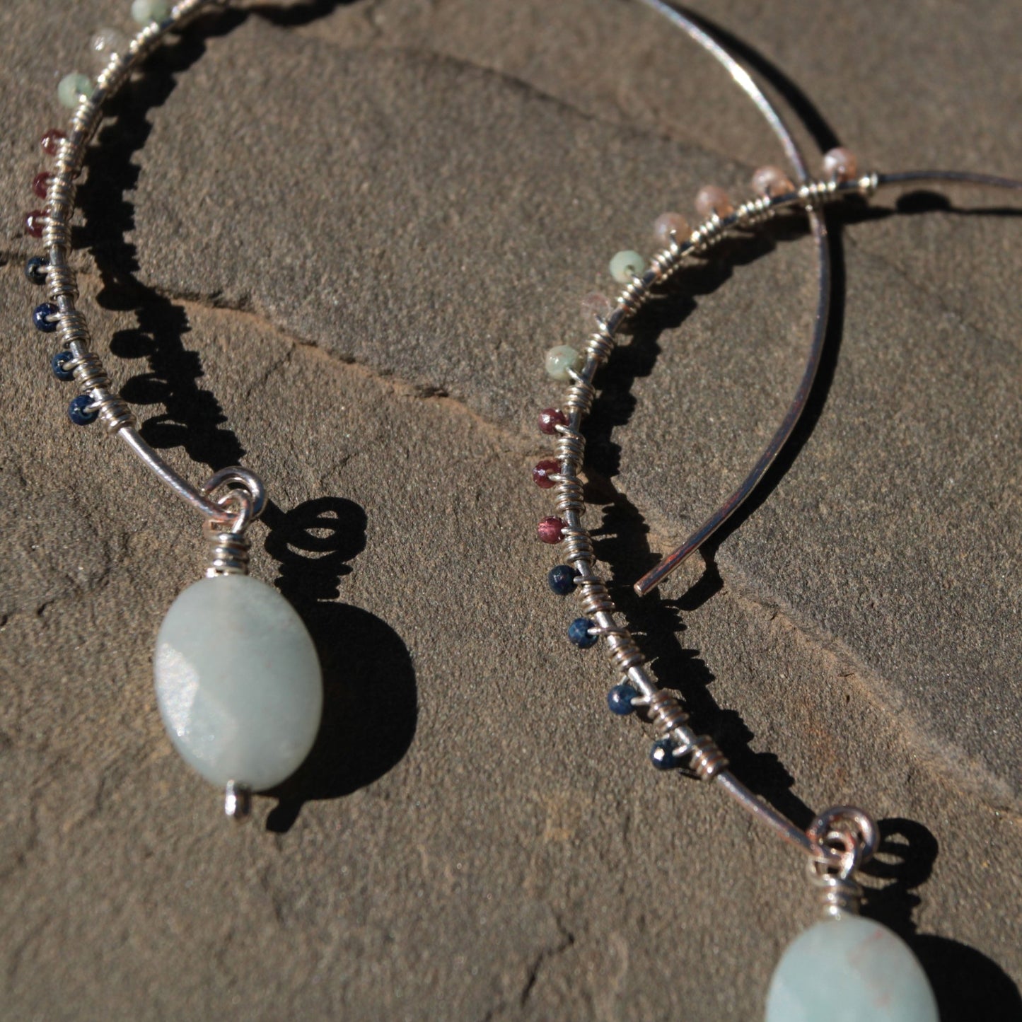 One-of-a-Kind Sterling Silver Hoop Earrings with Aquamarine, Lapis & Garnet – Handmade Wearable Art