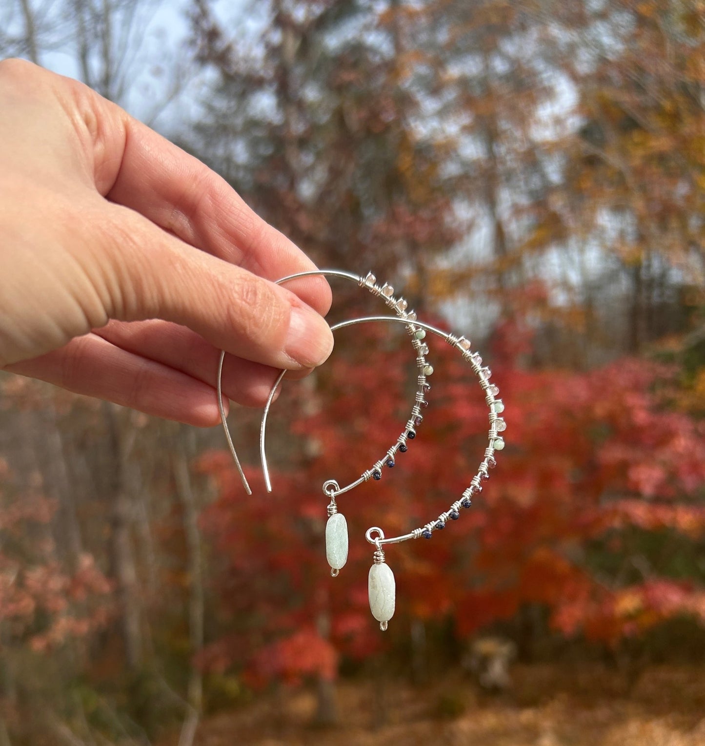 One-of-a-Kind Sterling Silver Hoop Earrings with Aquamarine, Lapis & Garnet – Handmade Wearable Art