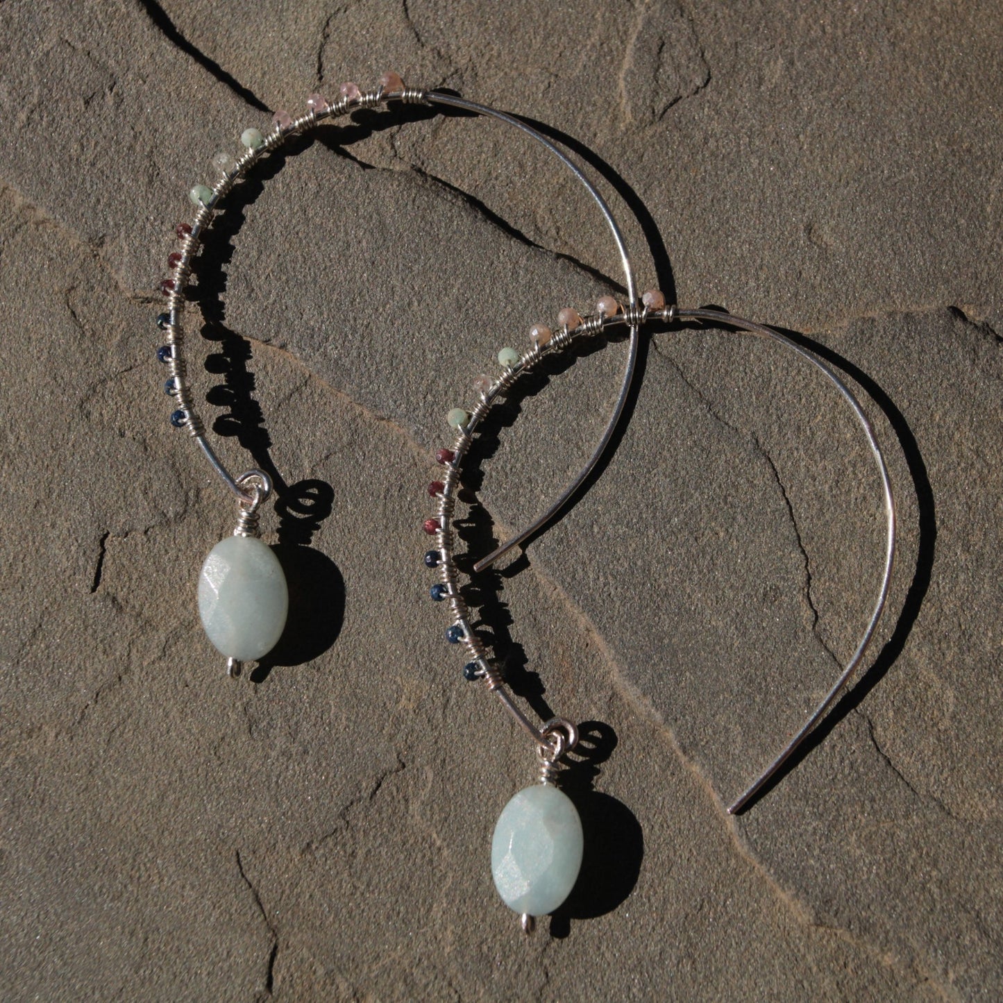 One-of-a-Kind Sterling Silver Hoop Earrings with Aquamarine, Lapis & Garnet – Handmade Wearable Art