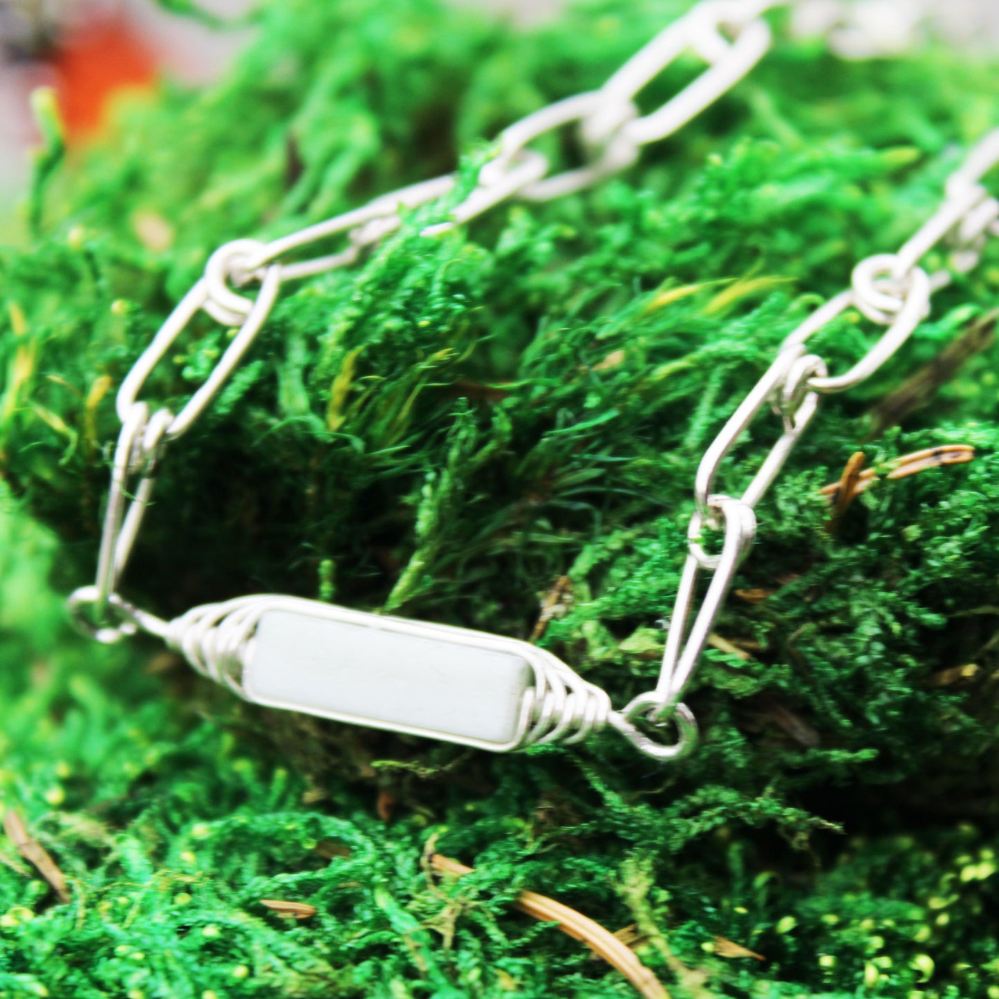 sterling silver paperclip chain necklace with herringbone wrapped amazonite