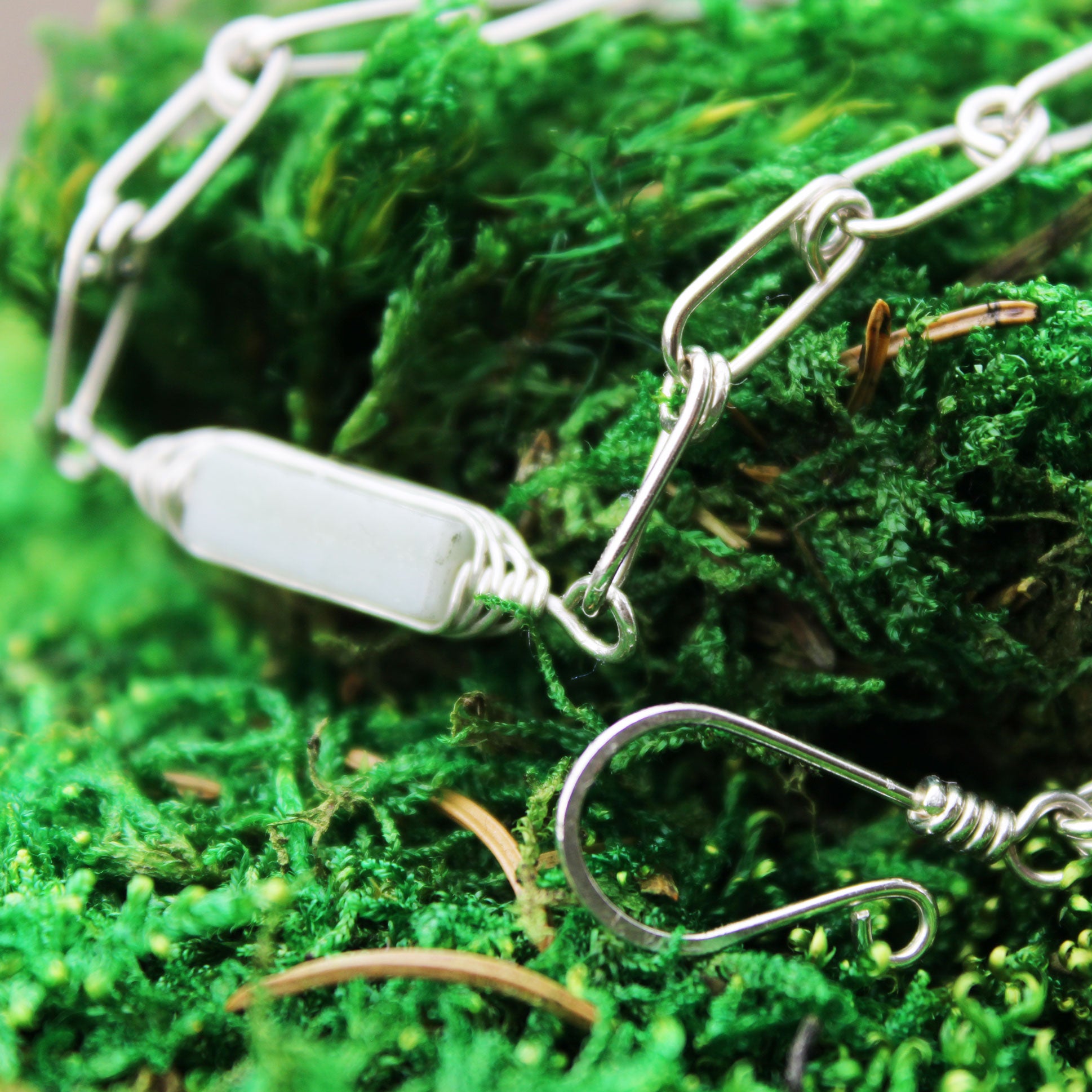 sterling silver paperclip chain necklace with herringbone wrapped amazonite