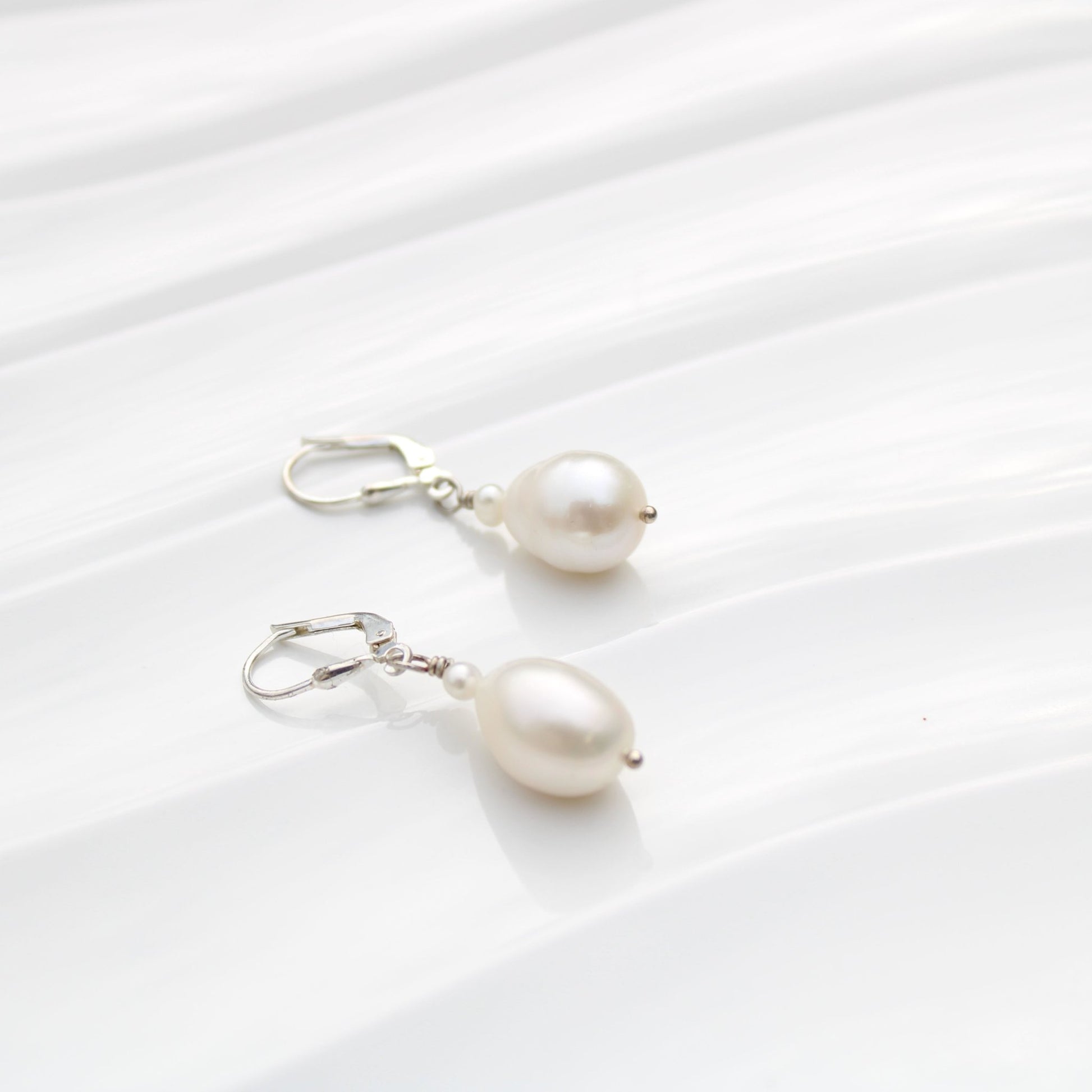 Large 10mm pearl drop leverback sterling silver earrings handmade USA