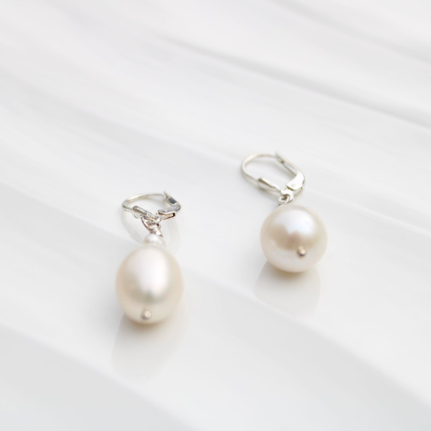 Large 10mm pearl drop leverback sterling silver earrings handmade USA