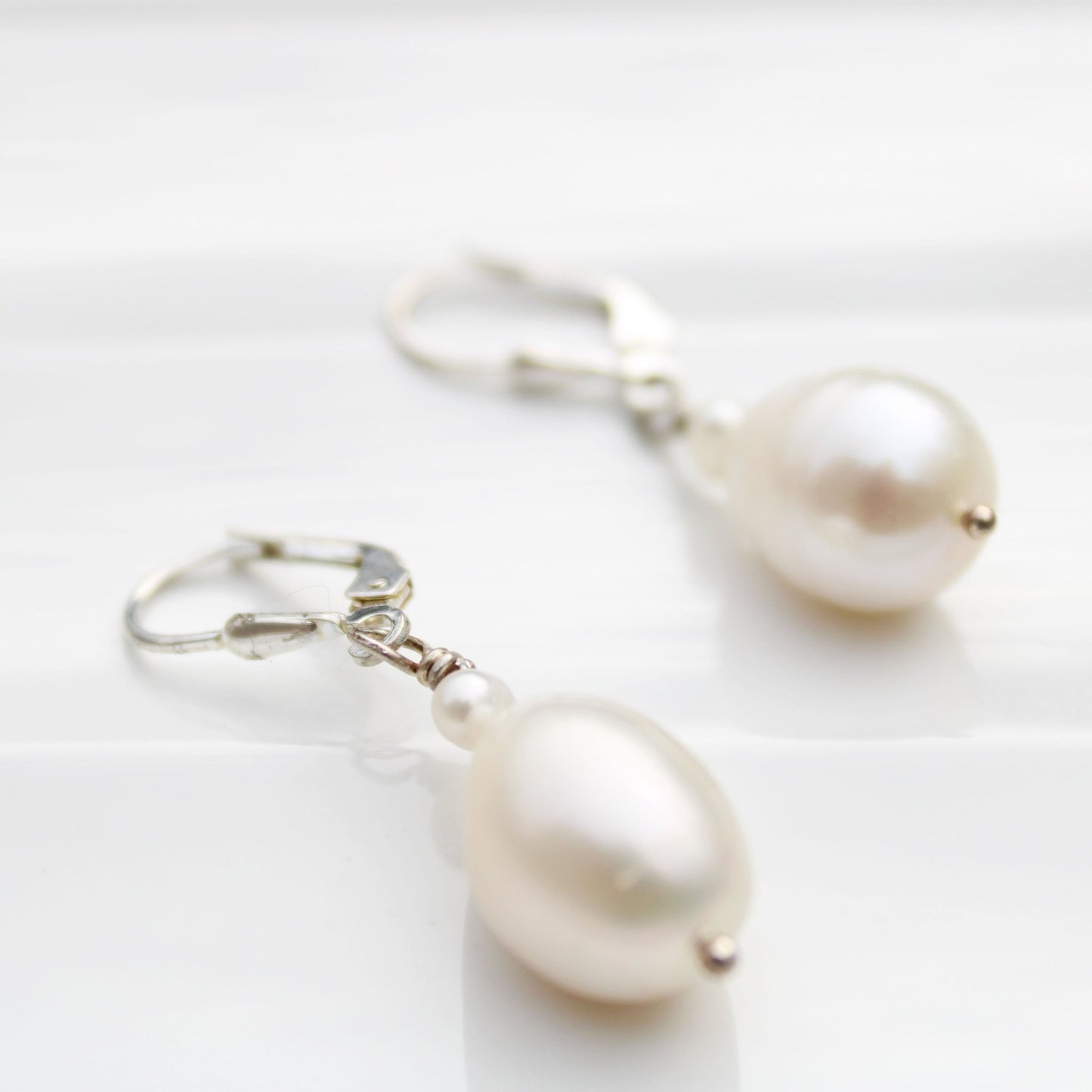 Large 10mm pearl drop leverback sterling silver earrings handmade USA