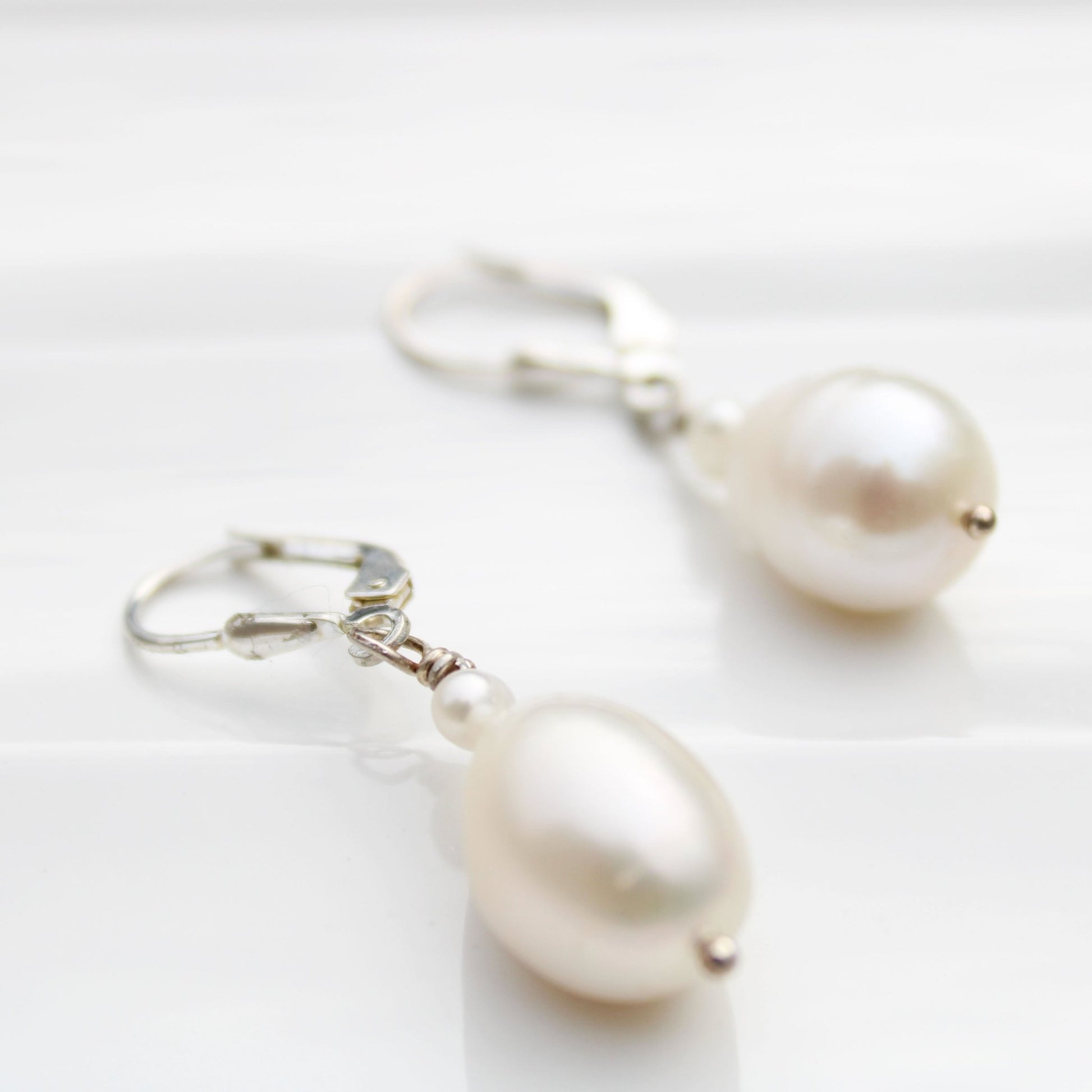 Large 10mm pearl drop leverback sterling silver earrings handmade USA