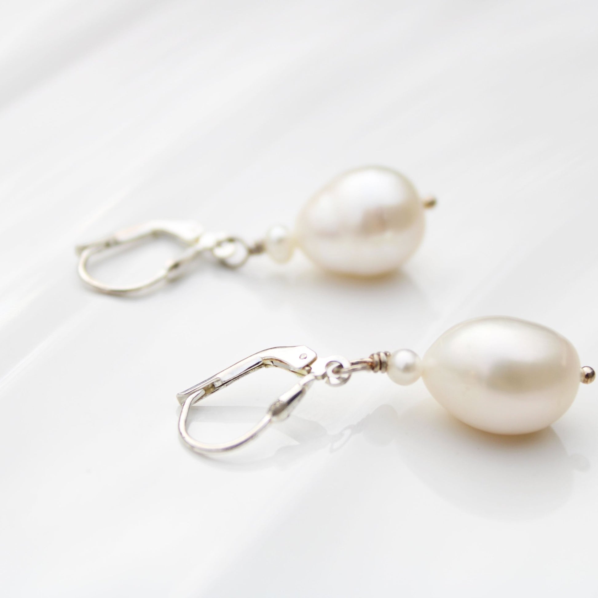Large 10mm pearl drop leverback sterling silver earrings handmade USA