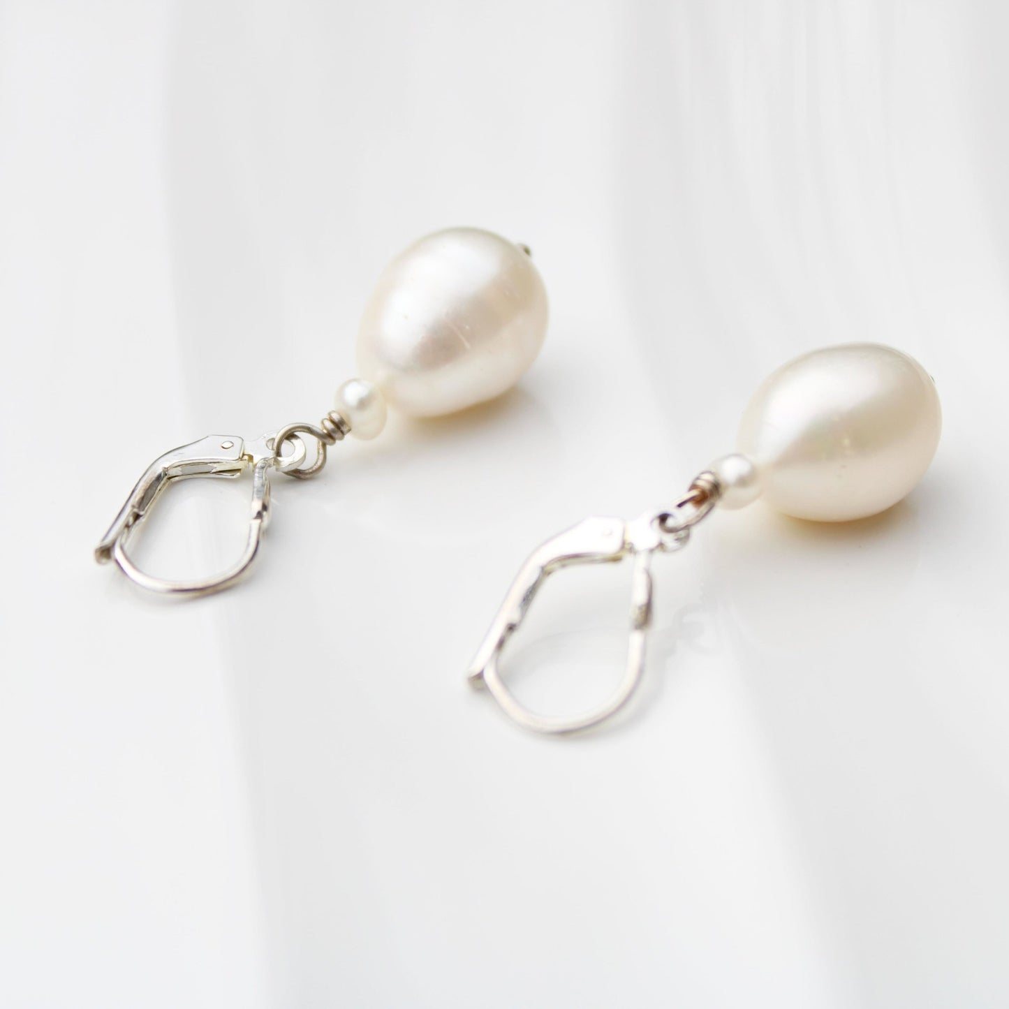 Large 10mm pearl drop leverback sterling silver earrings handmade USA