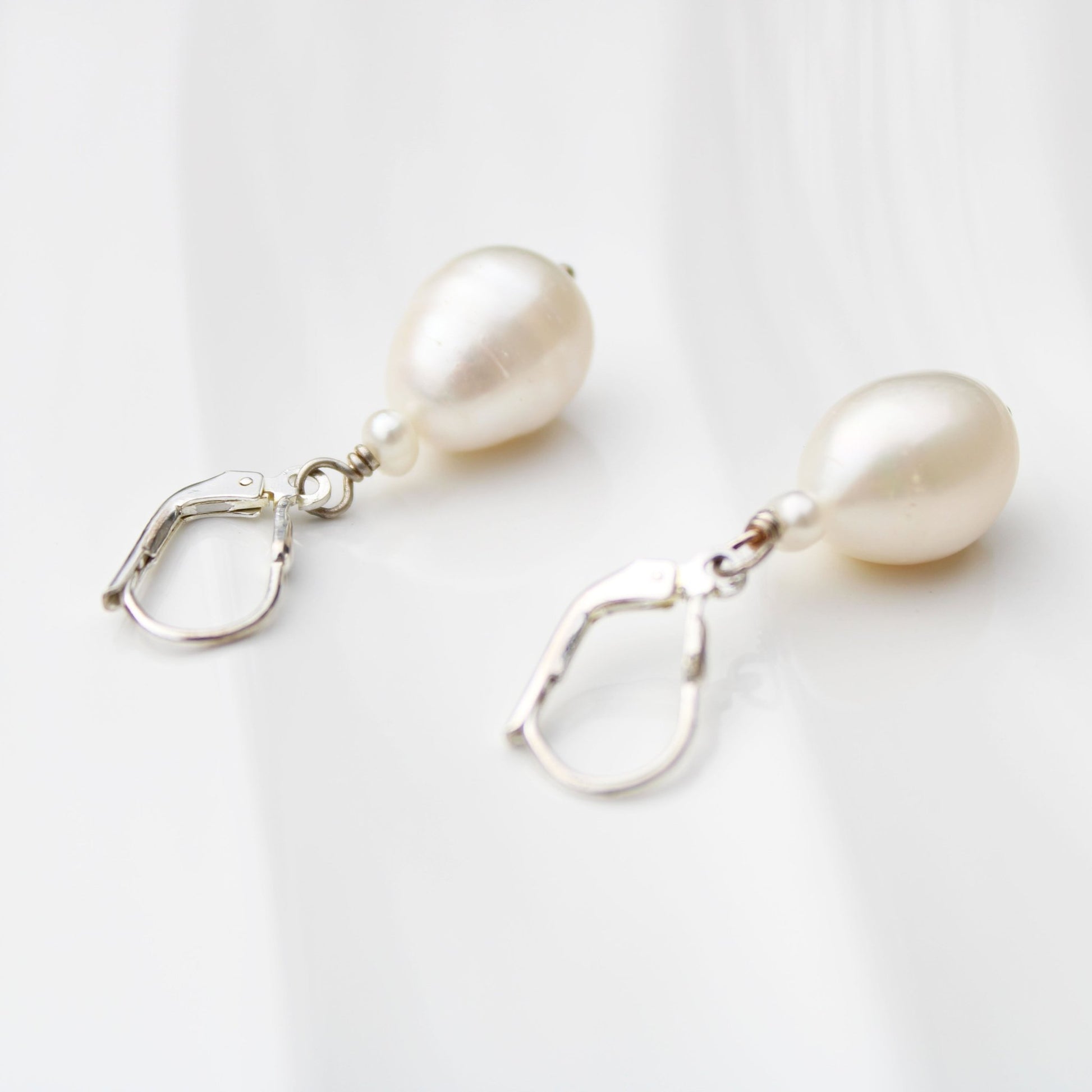 Large 10mm pearl drop leverback sterling silver earrings handmade USA