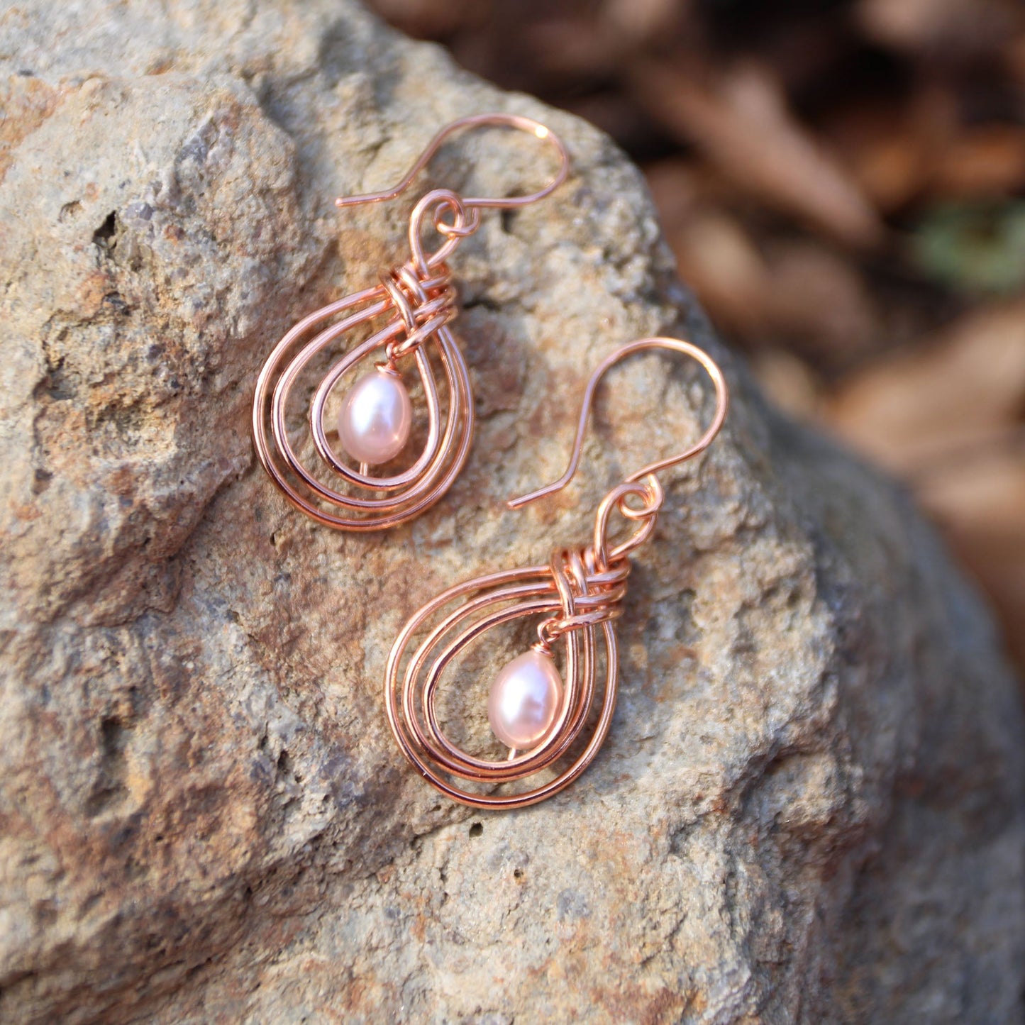 Pipa Knot Copper Wire Wrapped Earrings with Freshwater Pearls