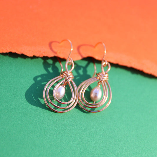 Pipa Knot Copper Wire Wrapped Earrings with Freshwater Pearls