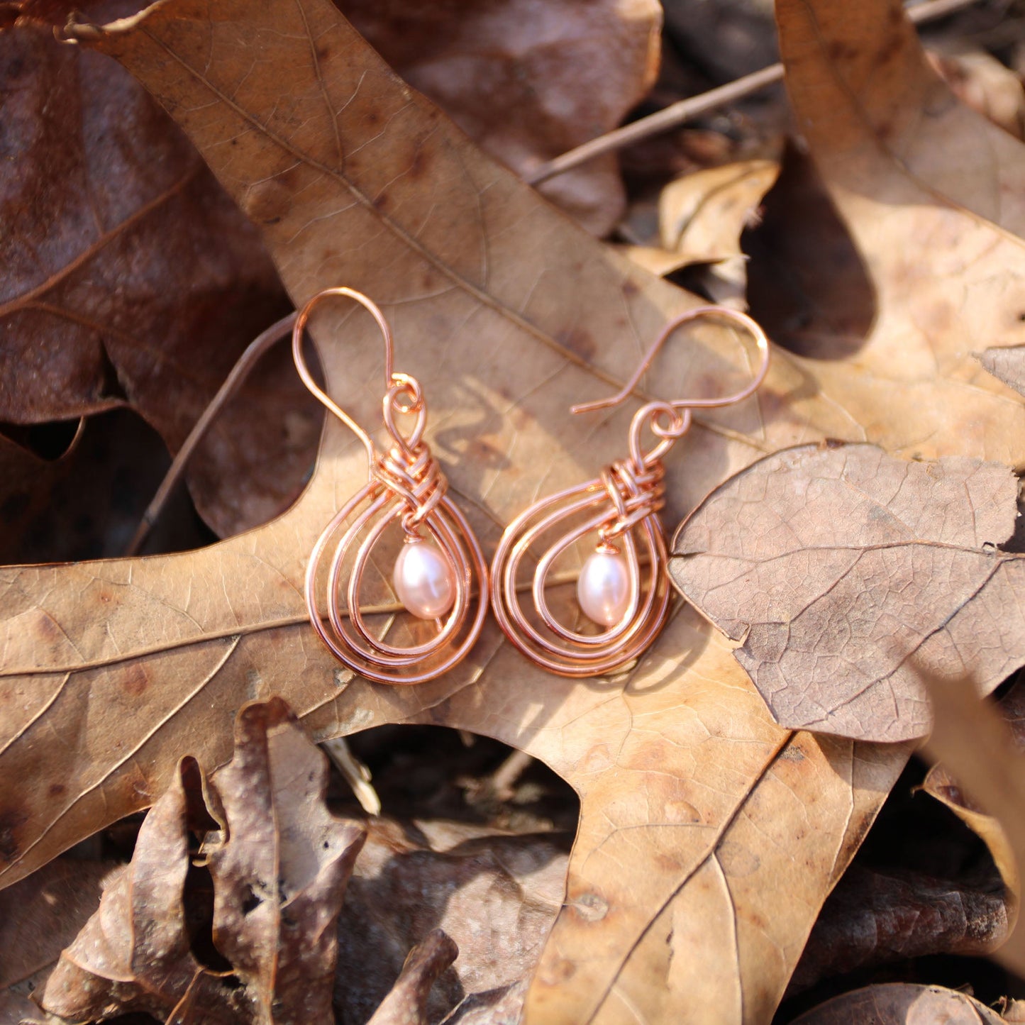 Pipa Knot Copper Wire Wrapped Earrings with Freshwater Pearls