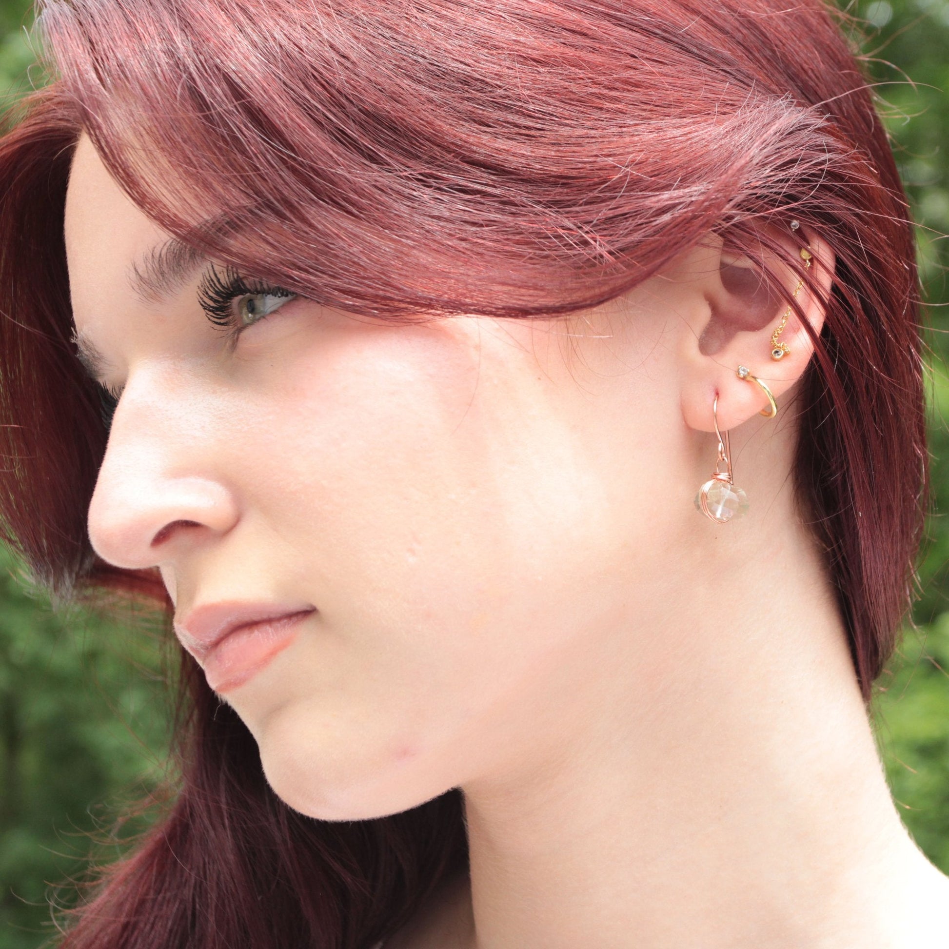 handmade copper wire wrapped earrings with prasiolite chunks. woman-owned Carrie Foscato Design