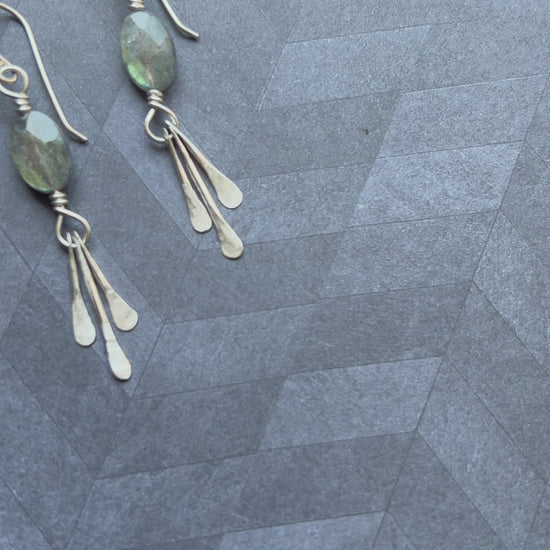 Sterling silver handmade hammered fringe labradorite dangle earrings made in Virginia