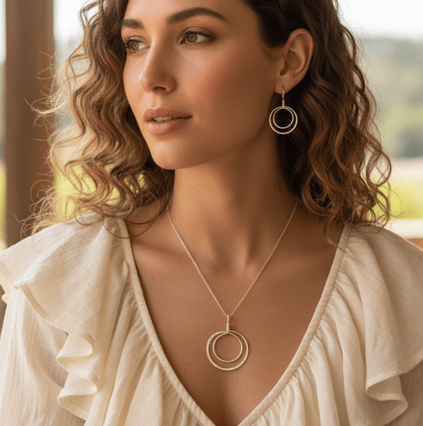 woman wearing Hammered Sterling silver echo pendant with sterling box chain handmade in virginia carrie foscato design