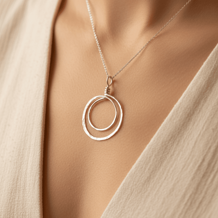 closup of Hammered Sterling silver echo pendant with sterling box chain handmade in virginia carrie foscato design