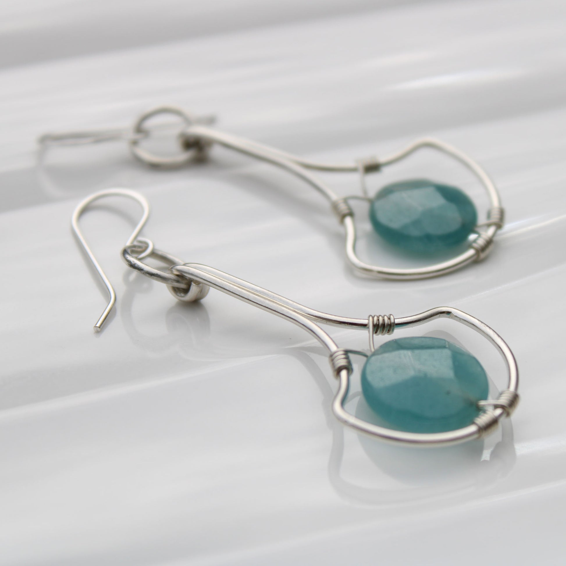 Art Deco sterling silver earrings with blue quartz handmade USA art deco sterling silver earrings with blue quartz faceted coin bead handmade in USA Carrie Foscato Design