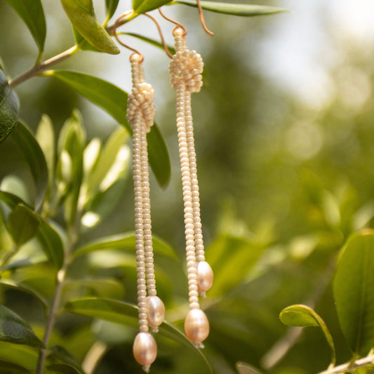 Tidal Knot — Ivory & Blush Pearl Fringe Earrings