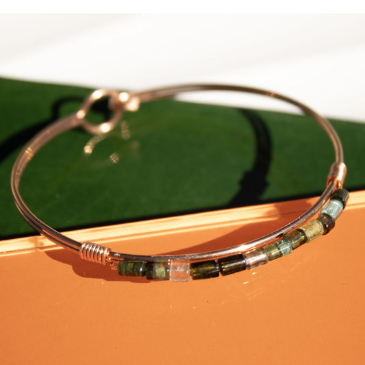 copper bangle bracelet with tourmaline tube beads handmade in USA carrie foscato design