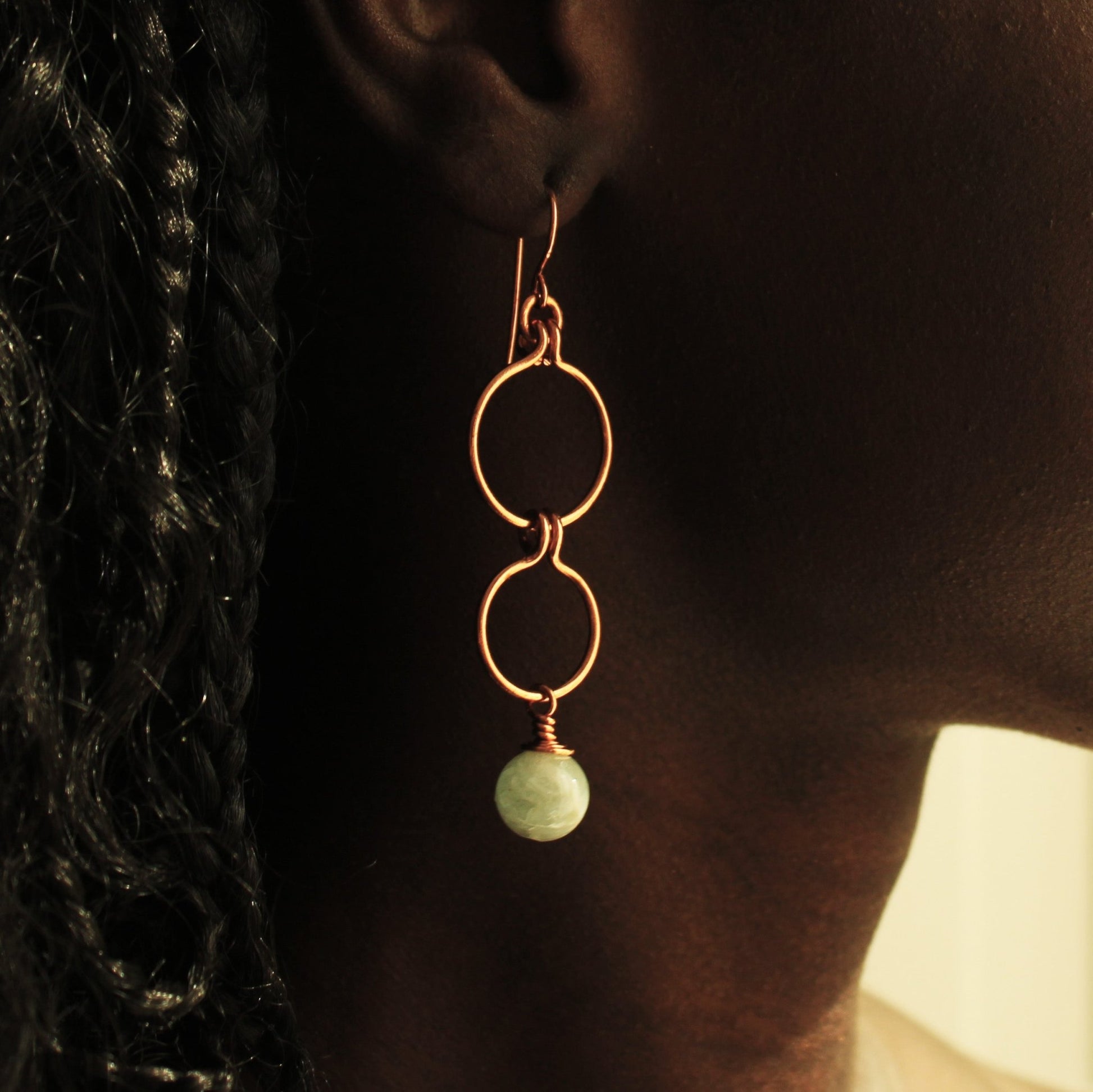 triple hoop aquamarine copper wire earrings handmade in USA carrie foscato design