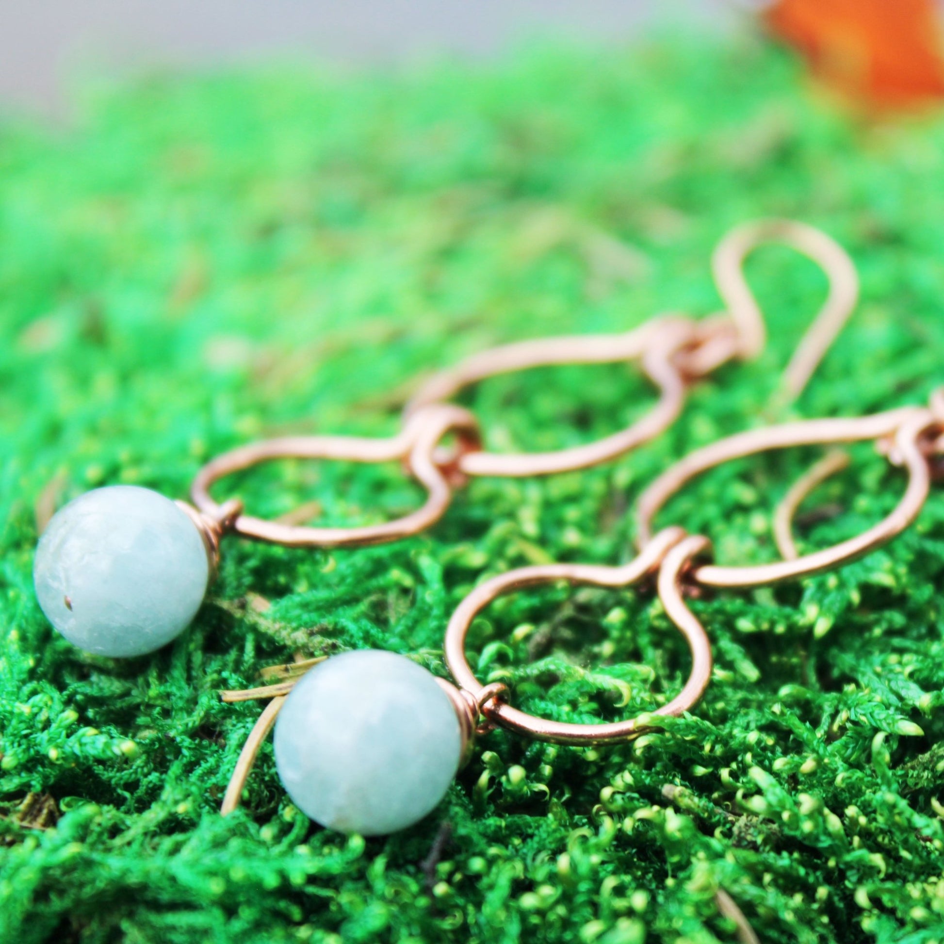 triple loop hoop copper wire wrapped earrings with 10mm aquamarine round beads
