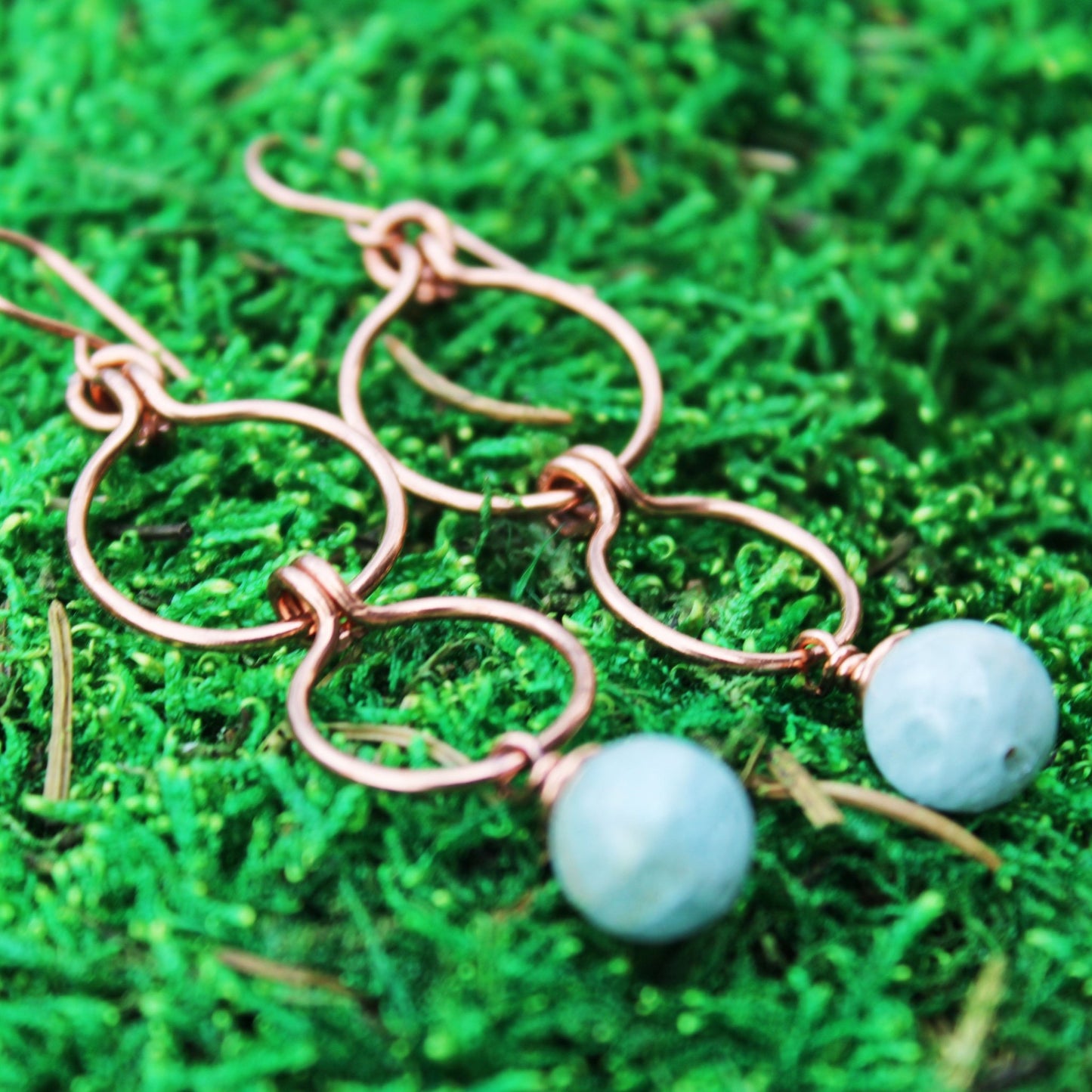 triple hoop aquamarine copper wire earrings handmade in USA carrie foscato design