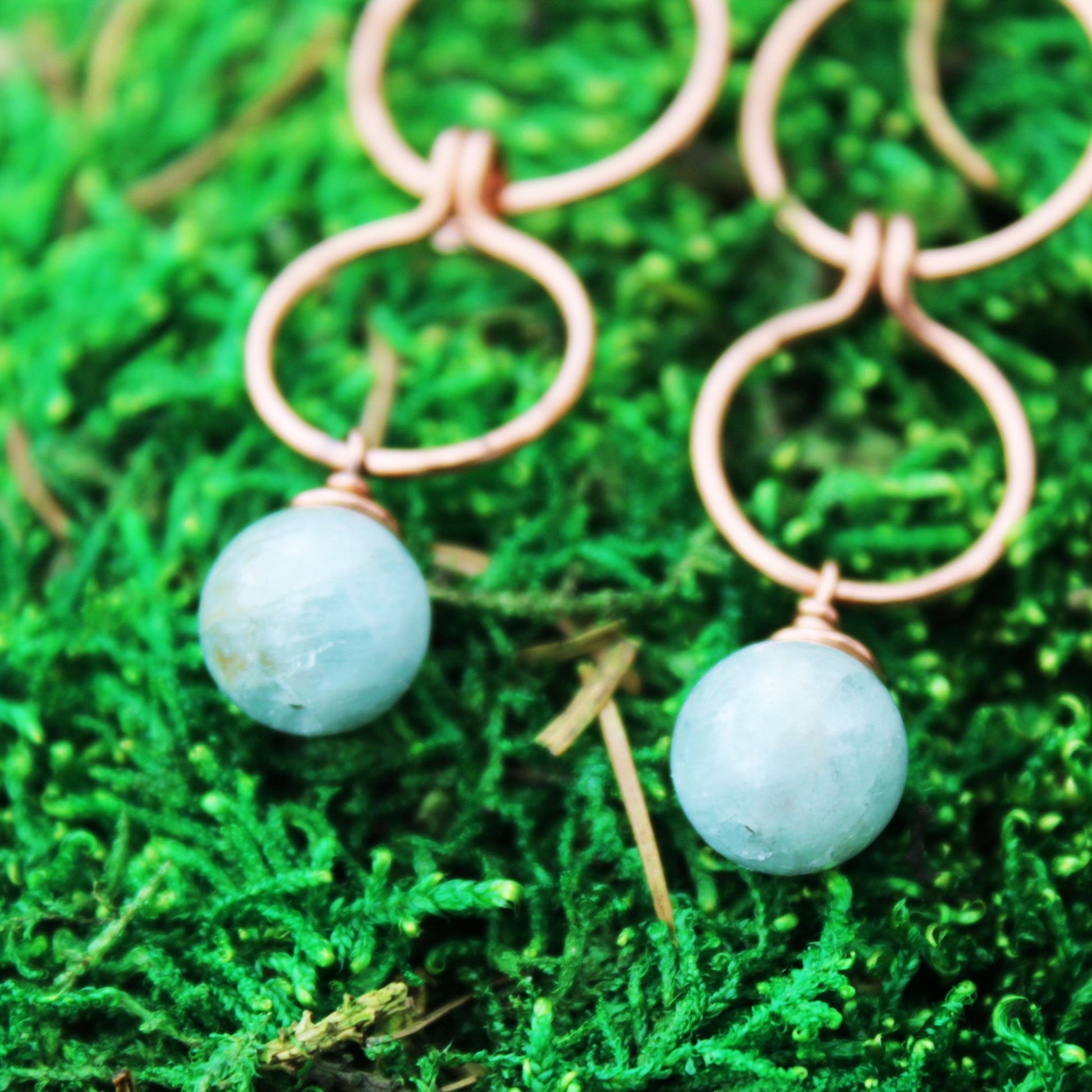 triple loop hoop copper wire wrapped earrings with 10mm aquamarine round beads