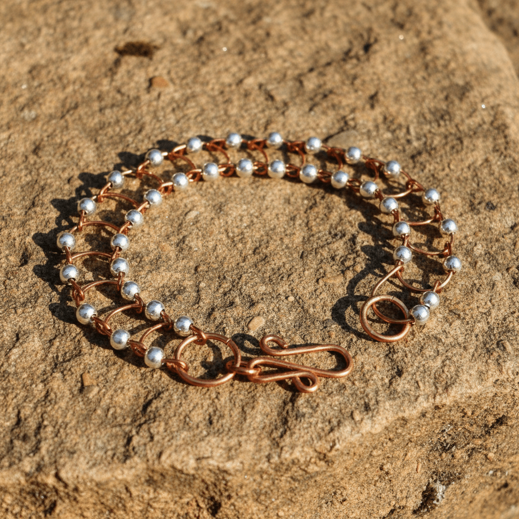 Two-tone Copper & Sterling Silver Bracelet Flat Lay with Clasp