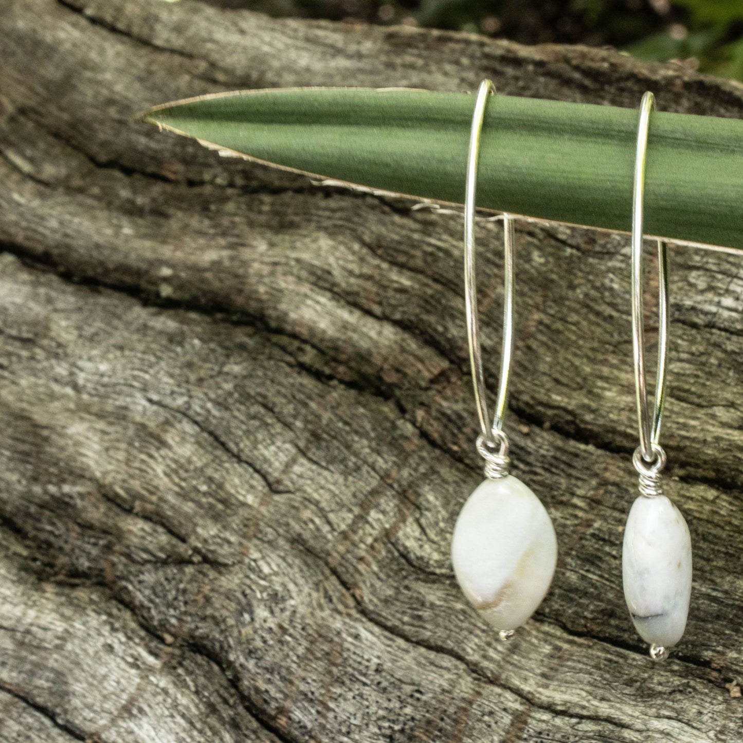 White Amazonite Marquis Sterling Silver Earrings